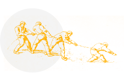 Sketch of two men fighting with a rope, inside a white circle on an orange background.