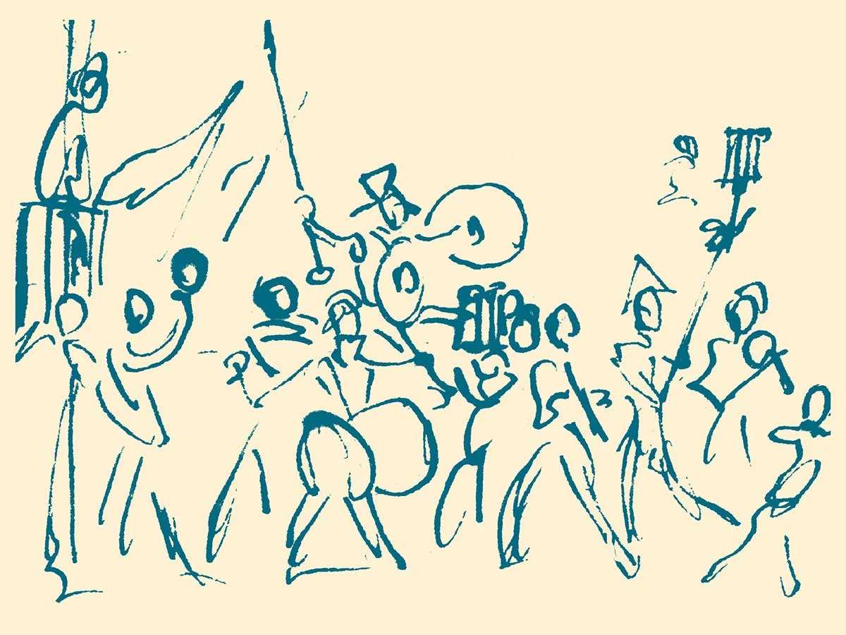 A sketch of a group of people participating in what appears to be a protest or demonstration, with some holding flags and signs, and a person speaking at a podium.