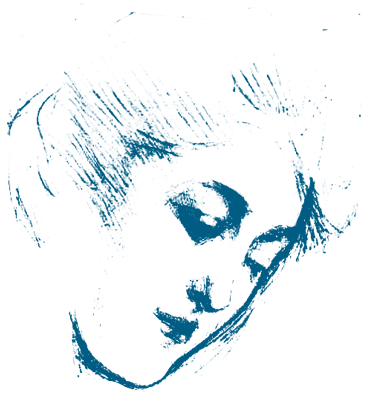 Close-up illustration of a cat's face in a stylized, high-contrast blue and black design.