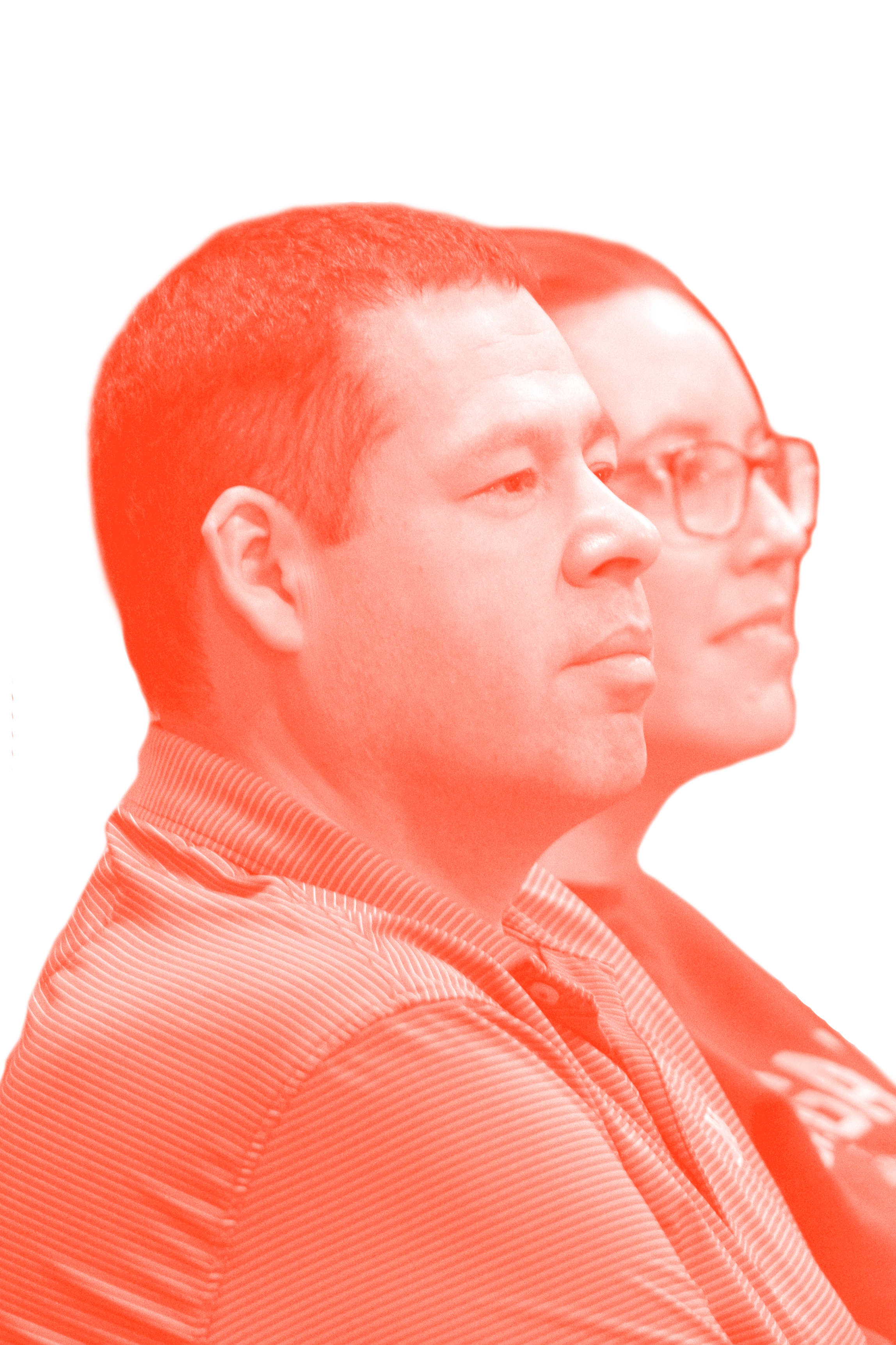 Side view of two people seated, with the person in the foreground having short hair and wearing a striped shirt, and the person in the background with glasses. The image has an orange-red filter overlay.