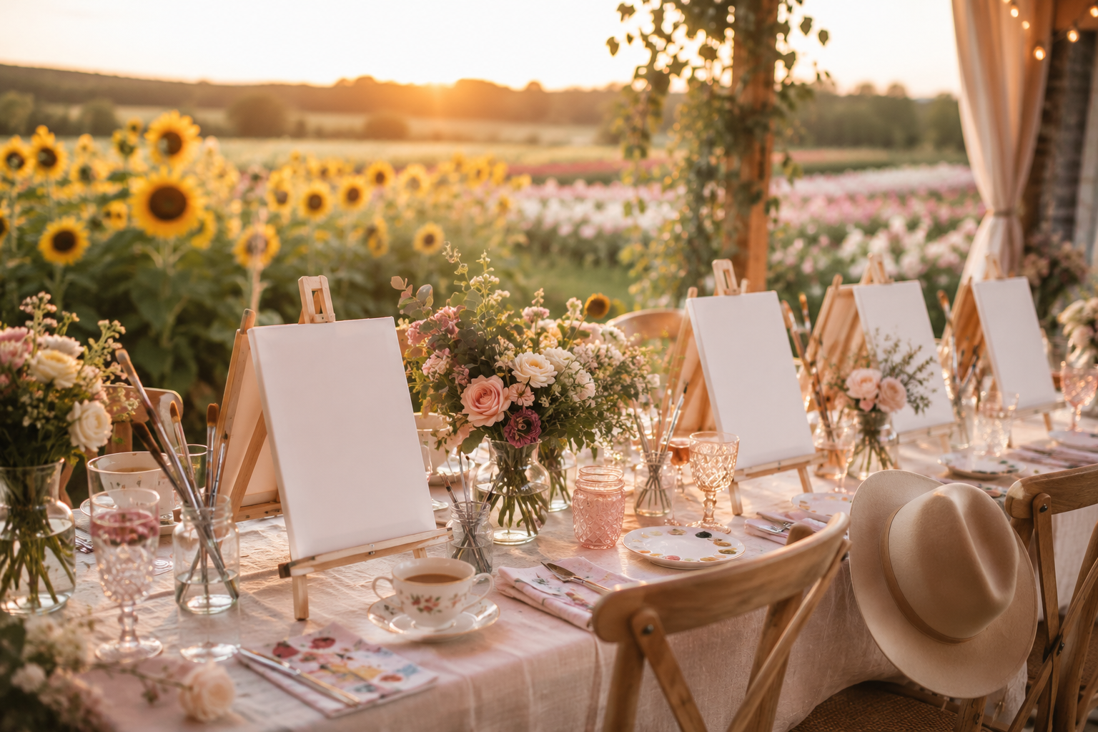 A group of blank canvases on easels among a field of sunflowers