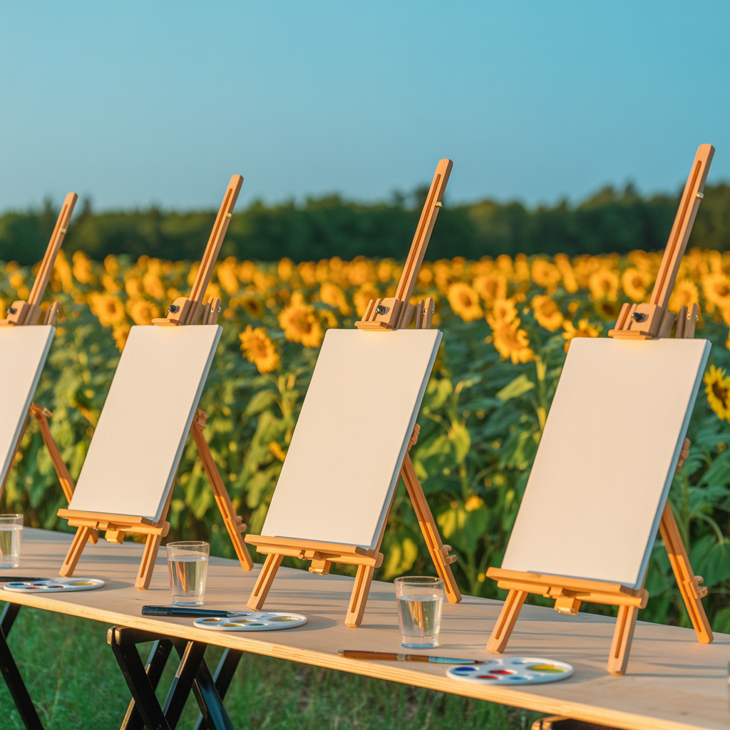 A row of wooden art easels set up outdoors in front of a sunflower field