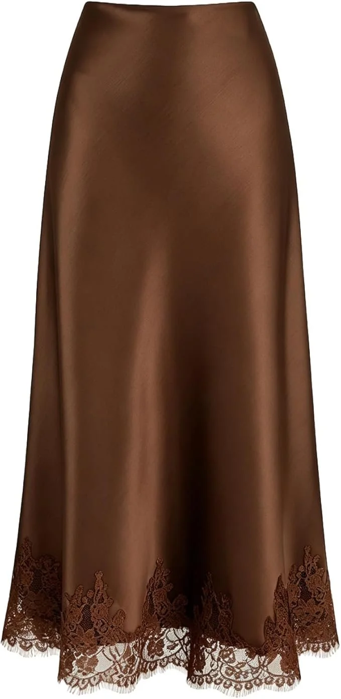 VividMosaic Lace Trim Satin Midi Skirt
