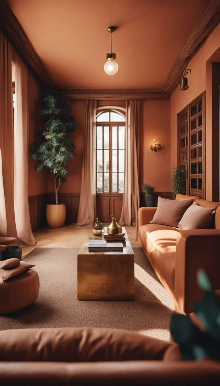 Color drenched living room in warm terracotta tones