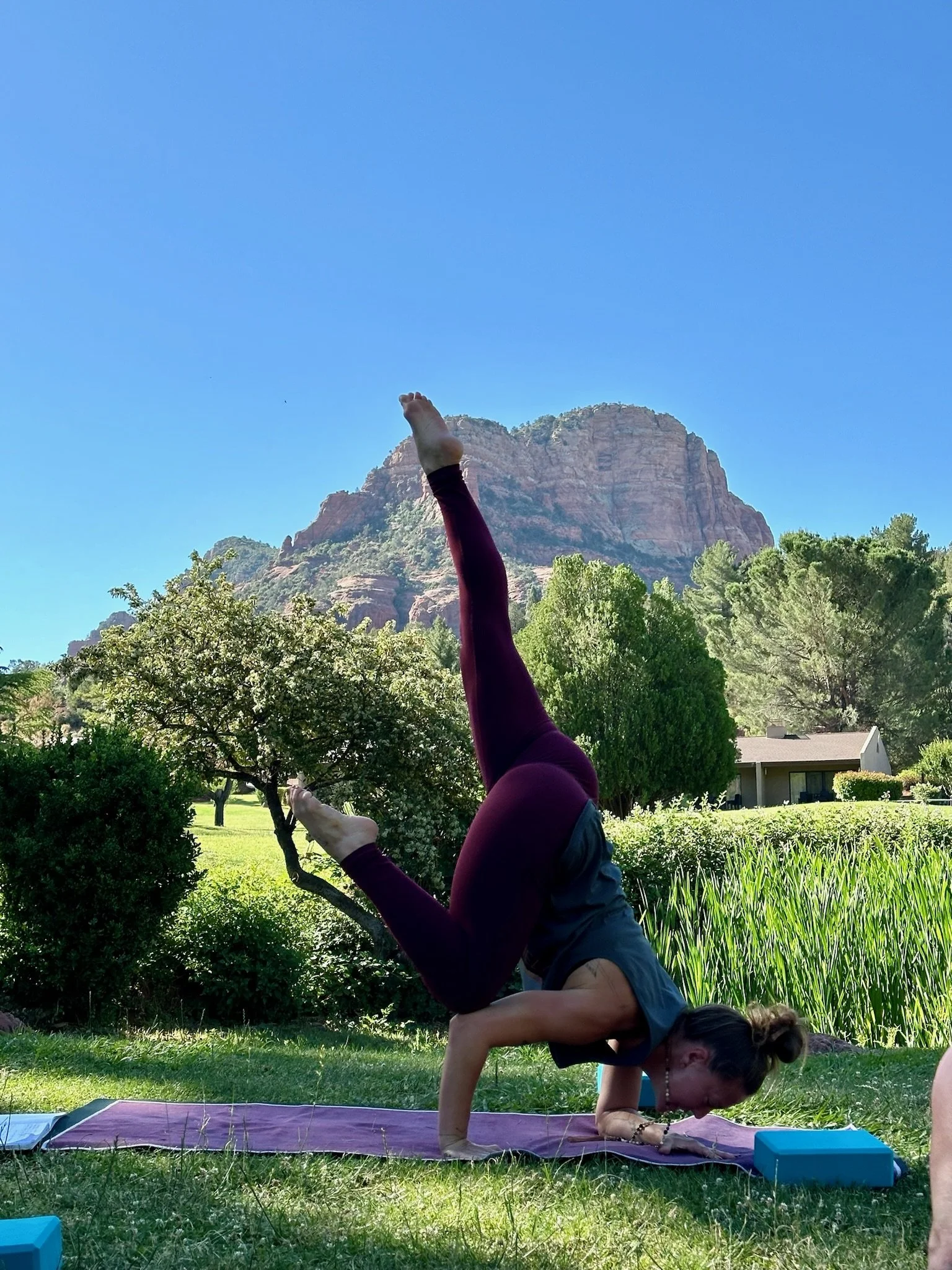 A woman practicing yoga outdoors on a pink yoga mat, balancing on her arms with one leg extended upward, surrounded by trees and greenery with a mountain in the background and a clear blue sky.
