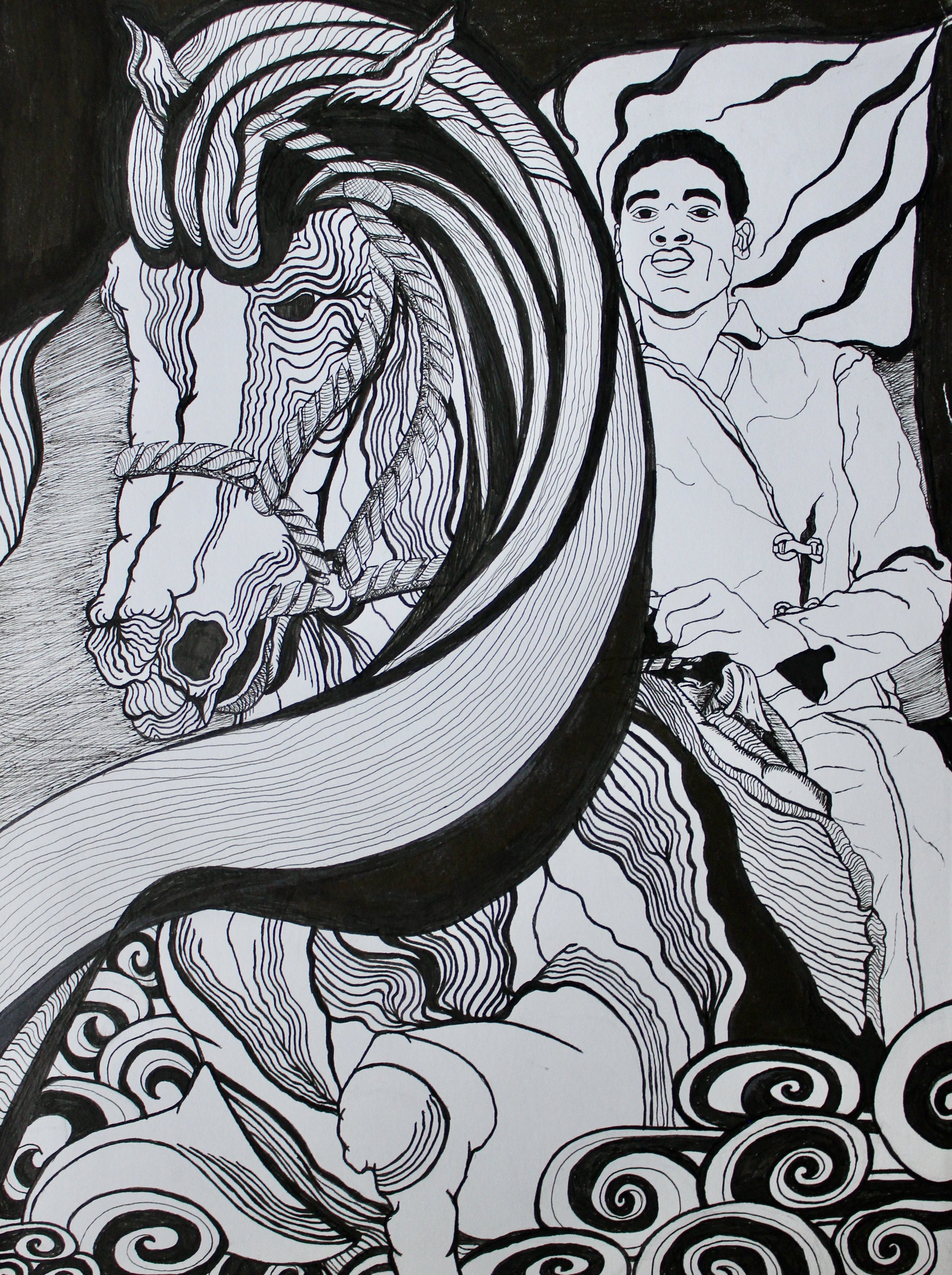 A black-and-white drawing of a horse's head with detailed lines, and a person sitting nearby holding a symbol.