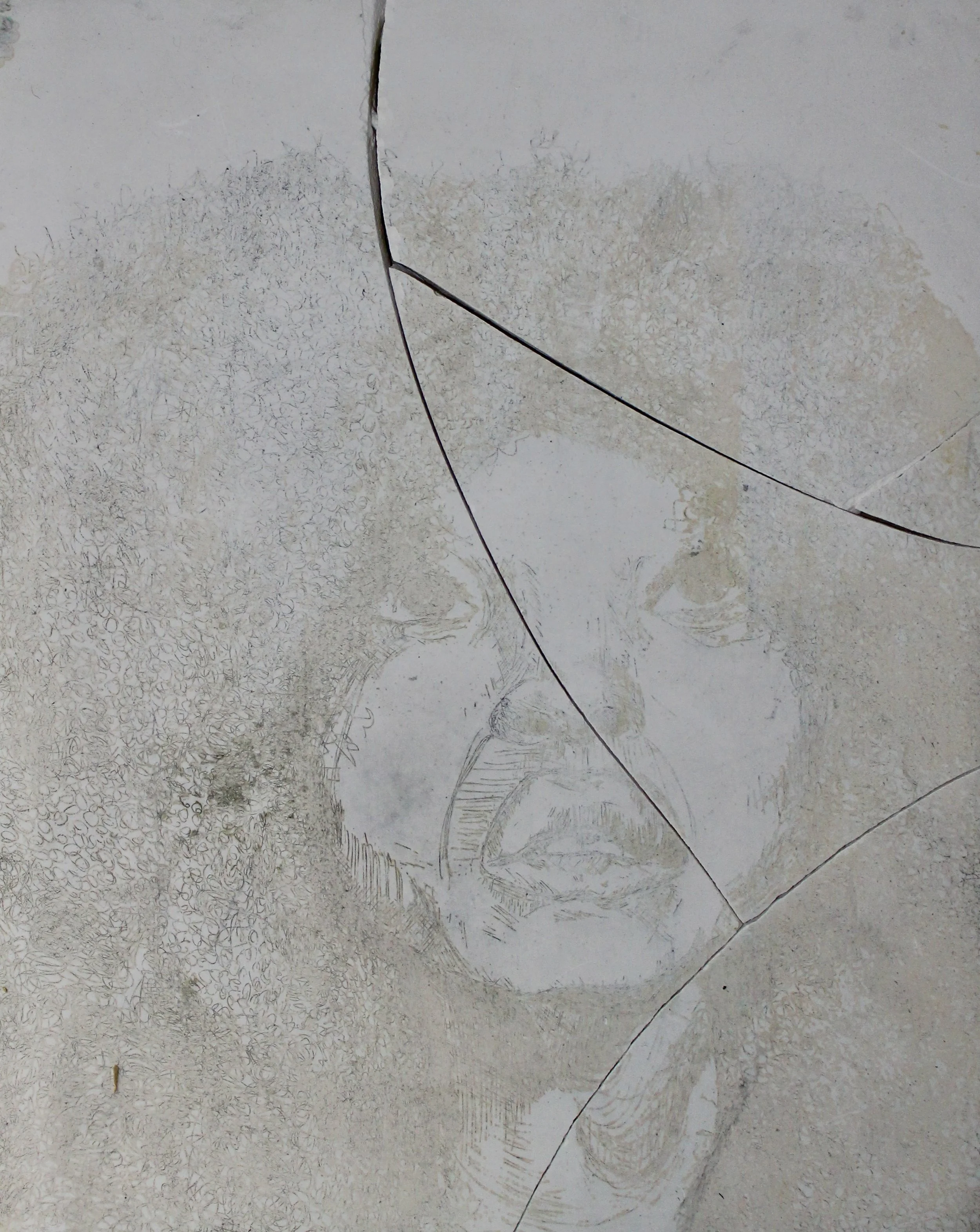 A cracked wall with a detailed sketch of a man's face with a beard and curly hair.