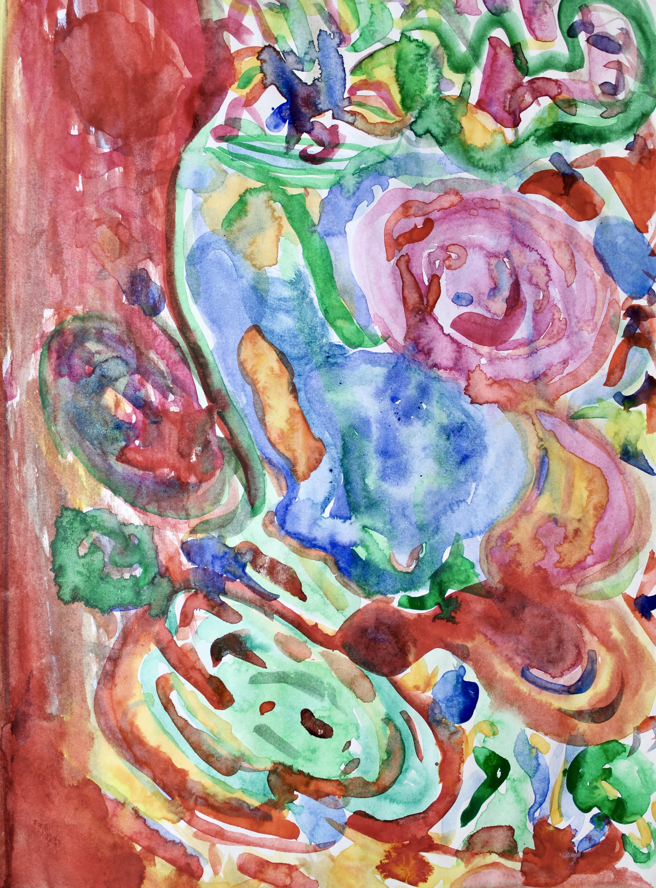 A colorful abstract watercolor painting featuring various shapes and swirls in shades of red, blue, green, pink, yellow, and purple.