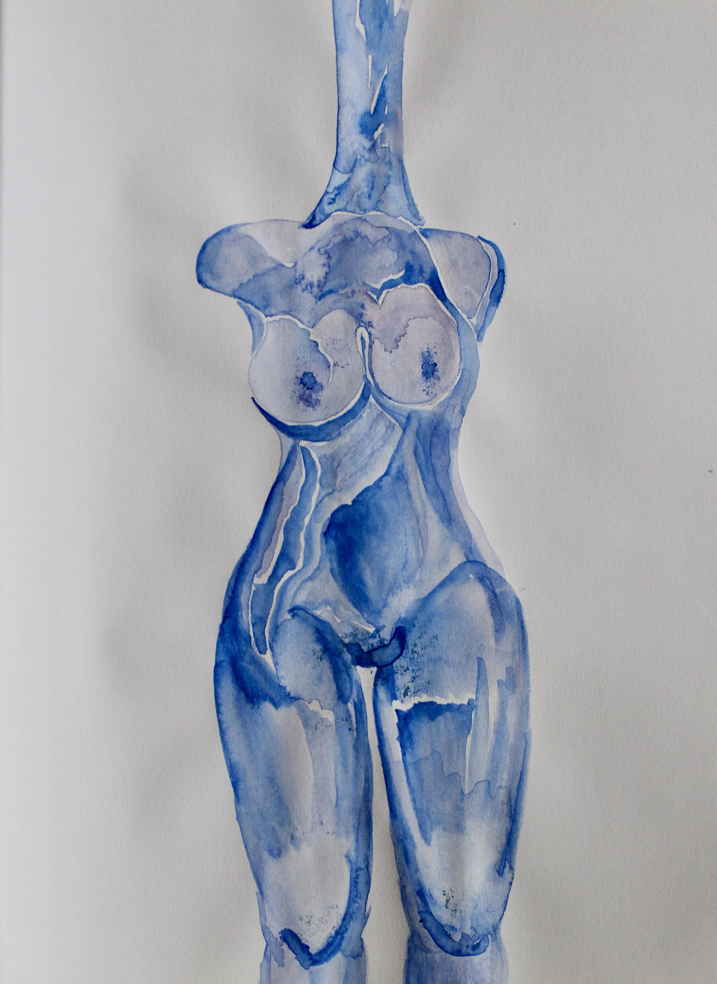 Watercolor painting of a blue-toned human female torso with breasts, waist, hips, and upper thighs visible, without head or arms.