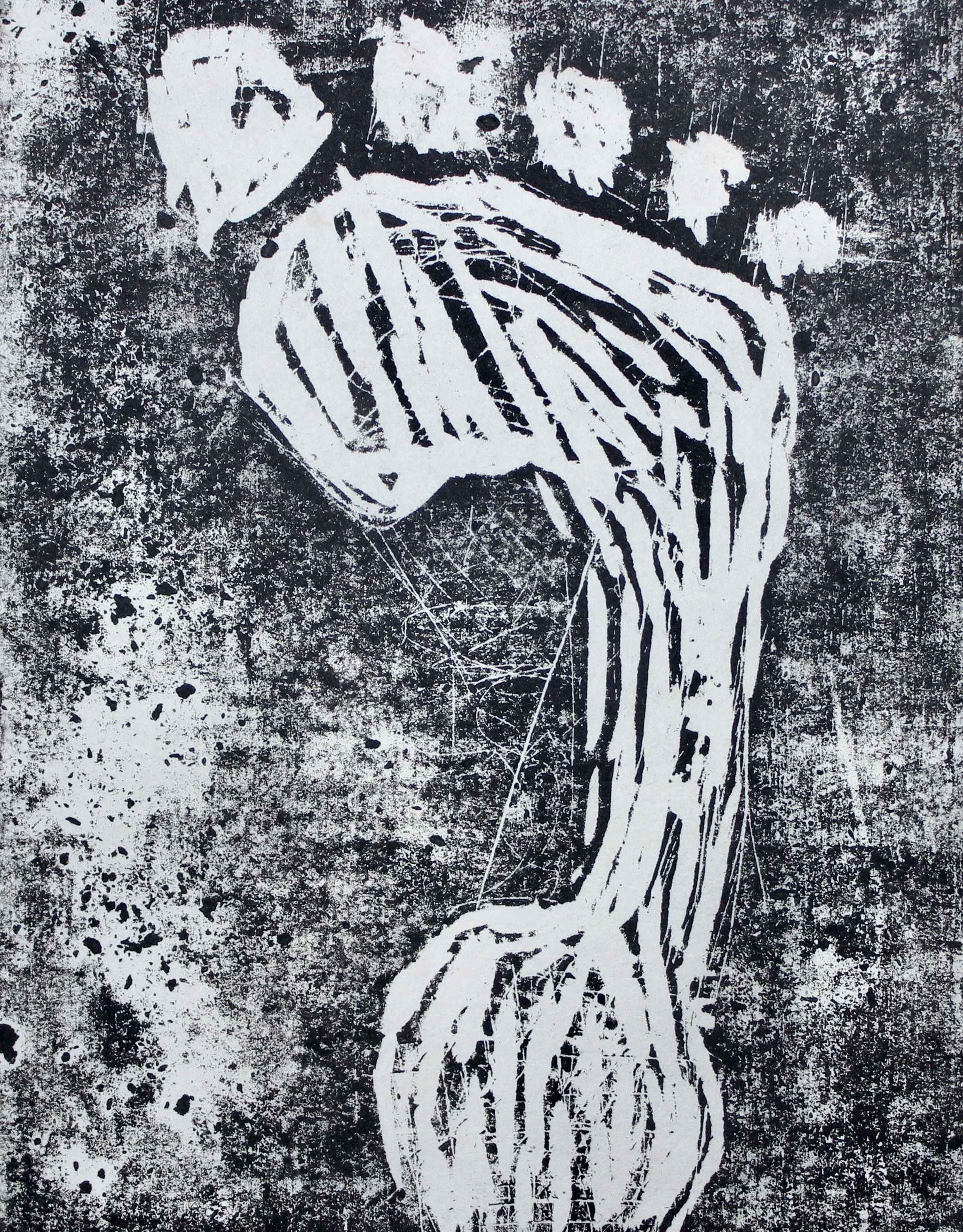 Black and white painting of a woman with floral elements in her hair, depicted with abstract, expressionist lines.