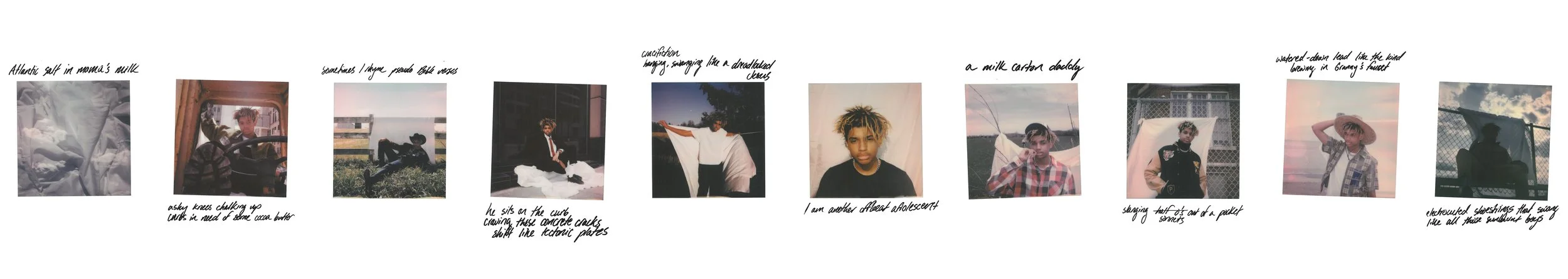 A panoramic collage of nine Polaroid-style photos of a young person, each with handwritten notes below describing scenes such as sitting on a couch, lying in a field, and posing outdoors, with captions referencing adolescence and youth.