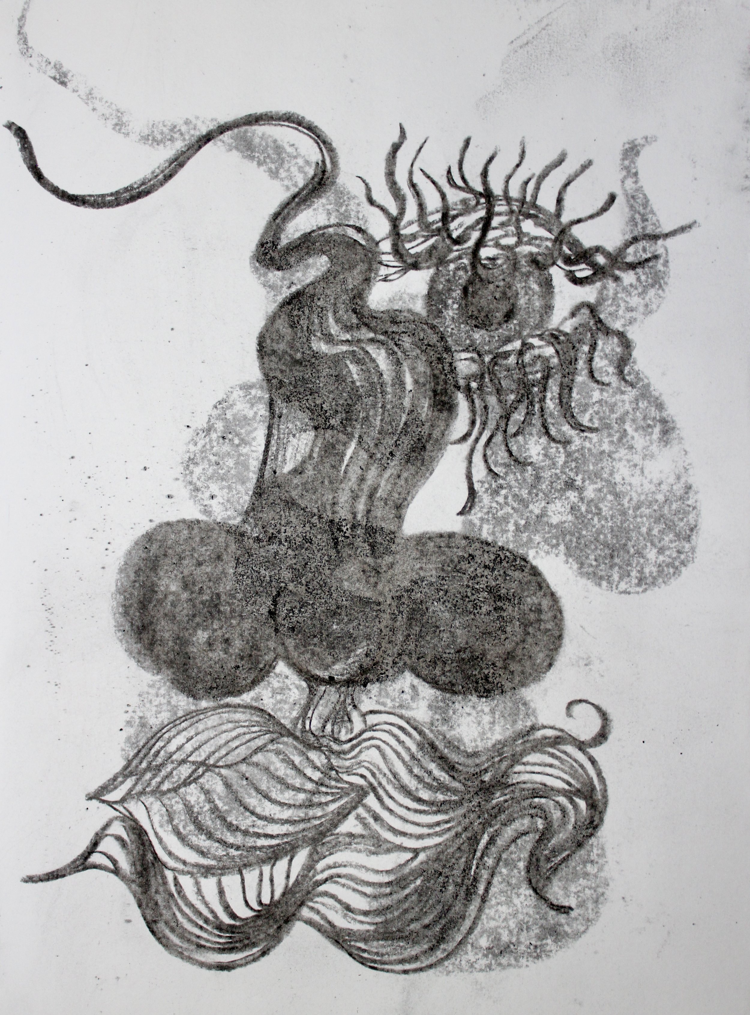 A detailed black and white drawing of a mythical creature with a lion-like body, a mane made of spines, a face with a nose and eyes, multiple tentacle-like appendages extending from its head, a long tail, and a large leafy or wing-like feature at the