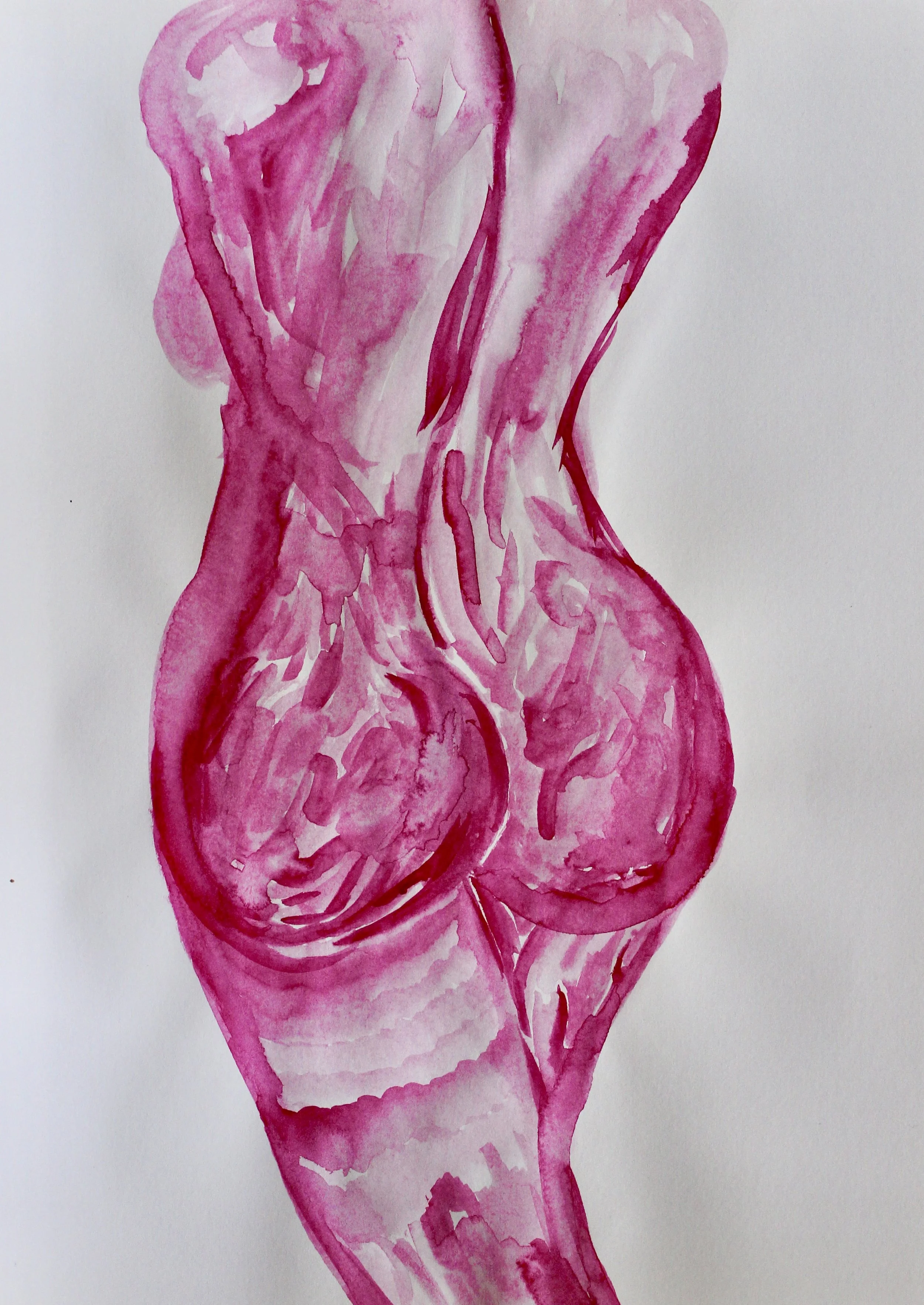 Watercolor painting of a nude woman viewed from the back, with pink and red tones.