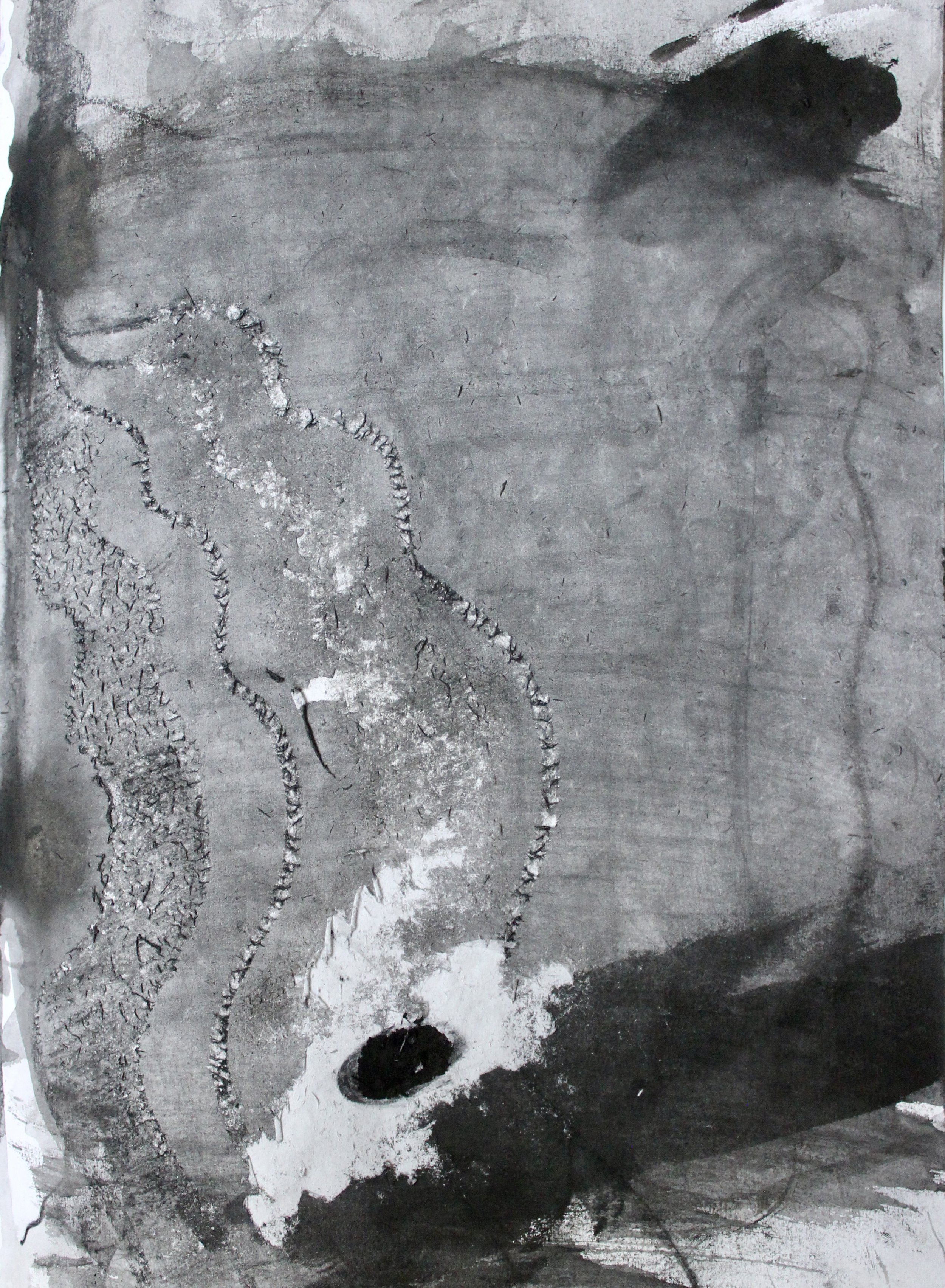 Abstract black and white artwork with textured, swirling patterns and a dark circular shape near the bottom.