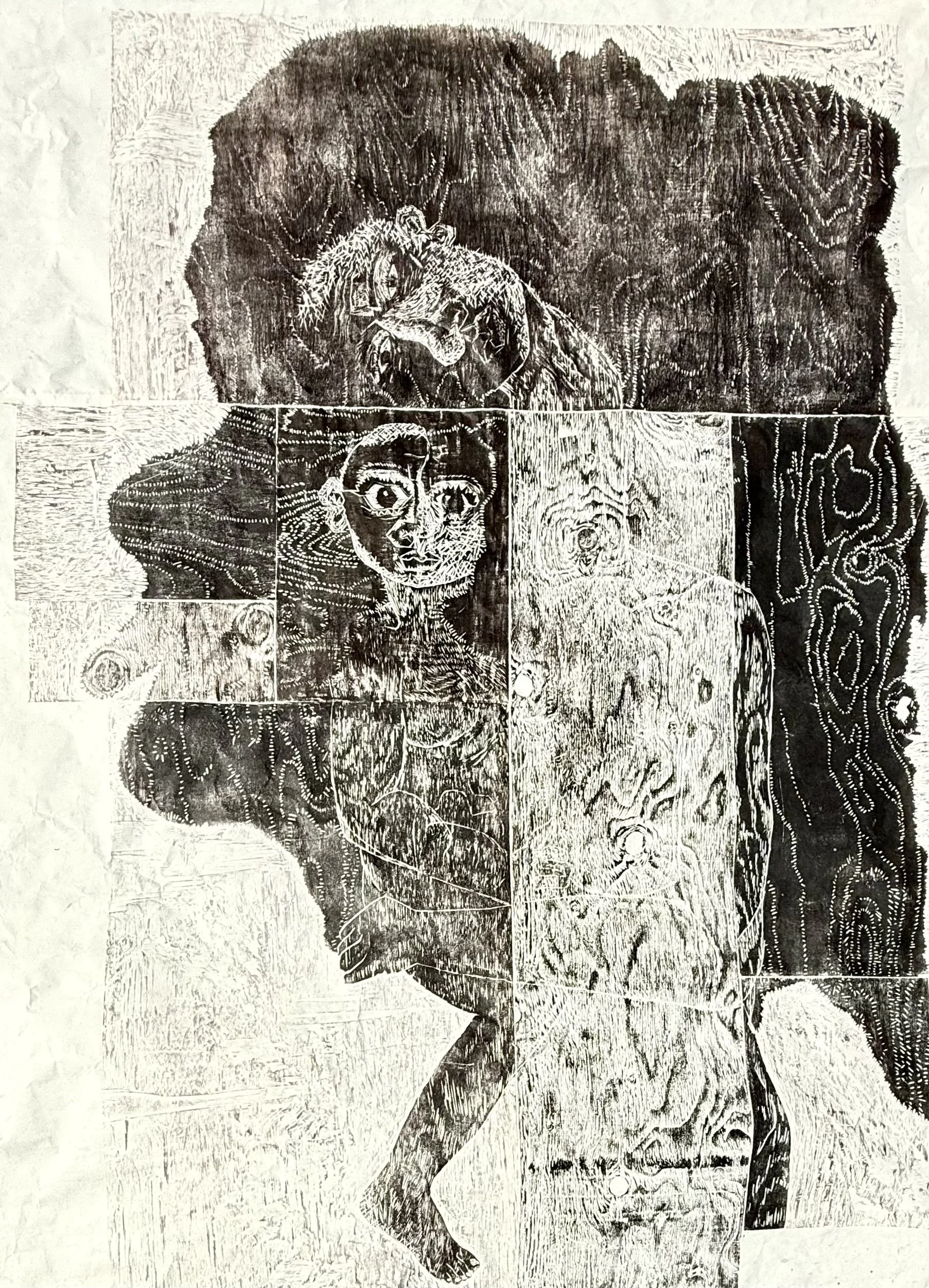 Black and white artwork featuring abstract and detailed images of a hippopotamus, a girl with large eyes, a lion, and a smaller animal, arranged in a collage style.