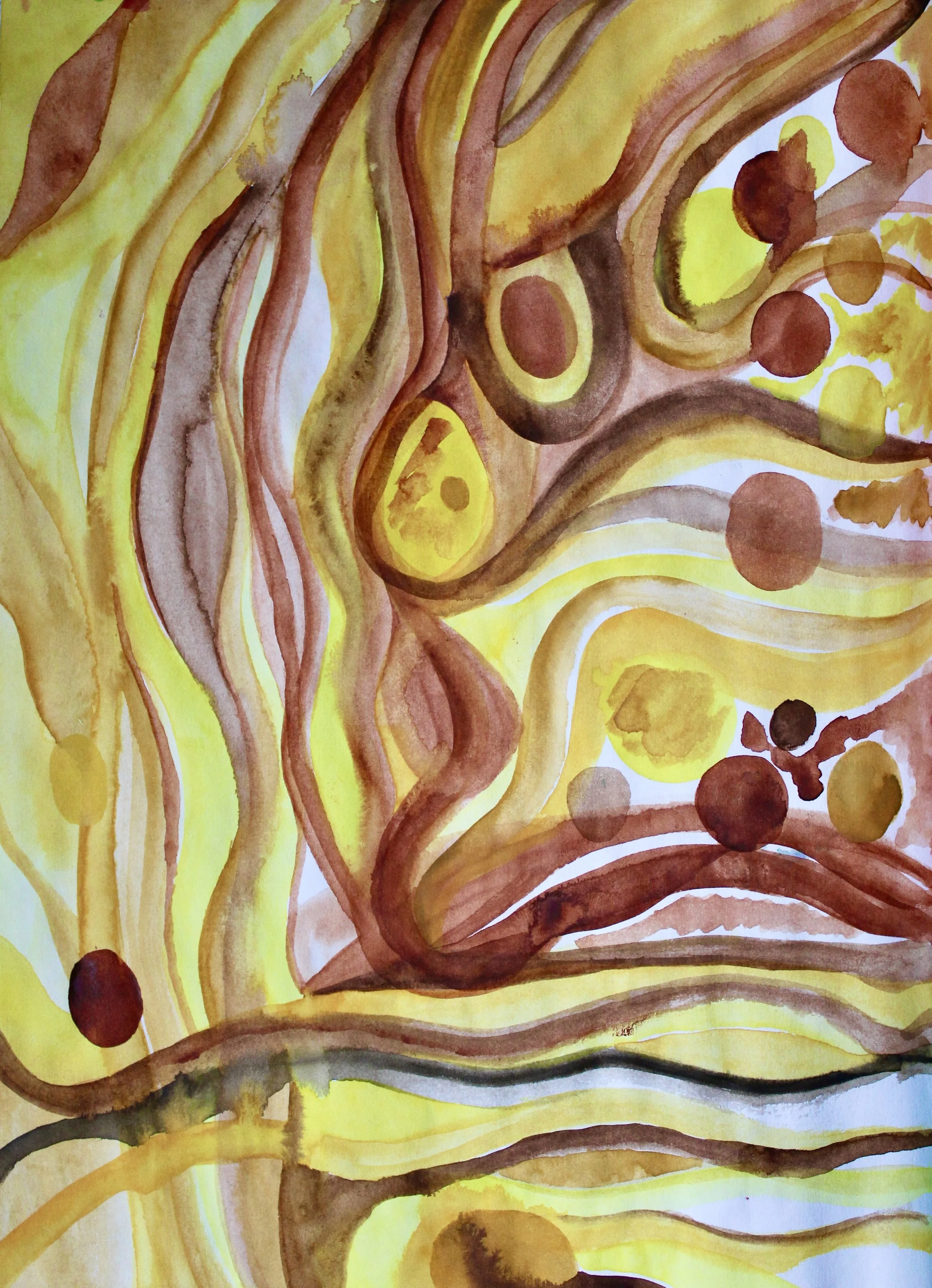 Abstract watercolor painting with wavy lines and circular shapes in yellow, brown, and reddish tones.
