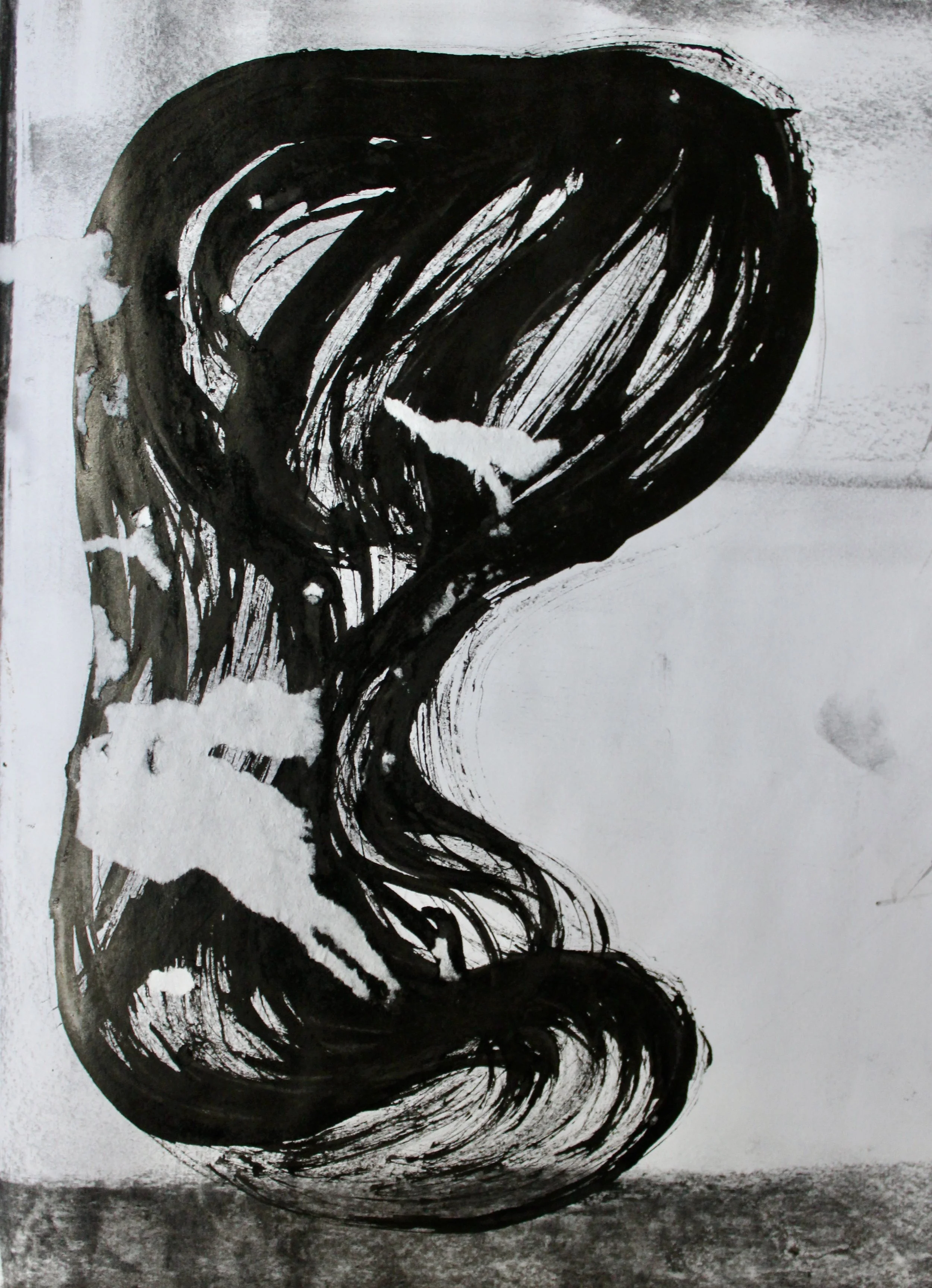 A black and white abstract painting of a woman's face in profile with long flowing hair.