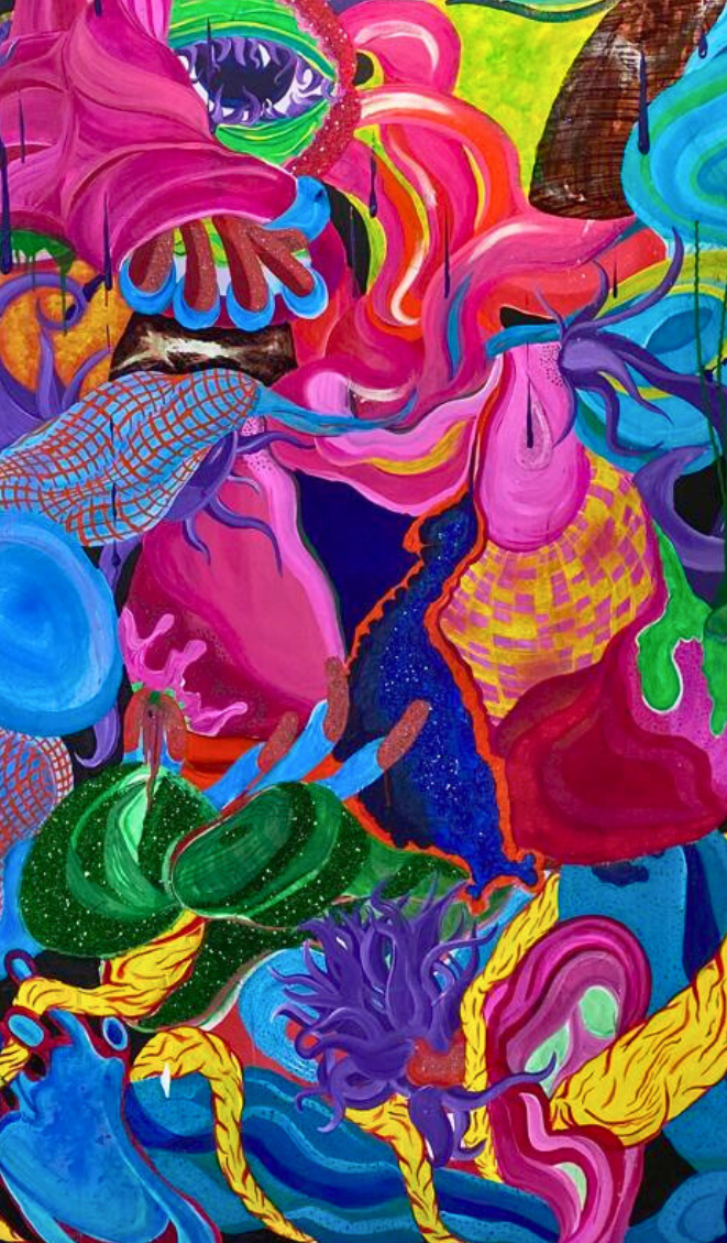 Abstract colorful artwork with various organic and flowing shapes in pink, purple, blue, green, yellow, and red hues.