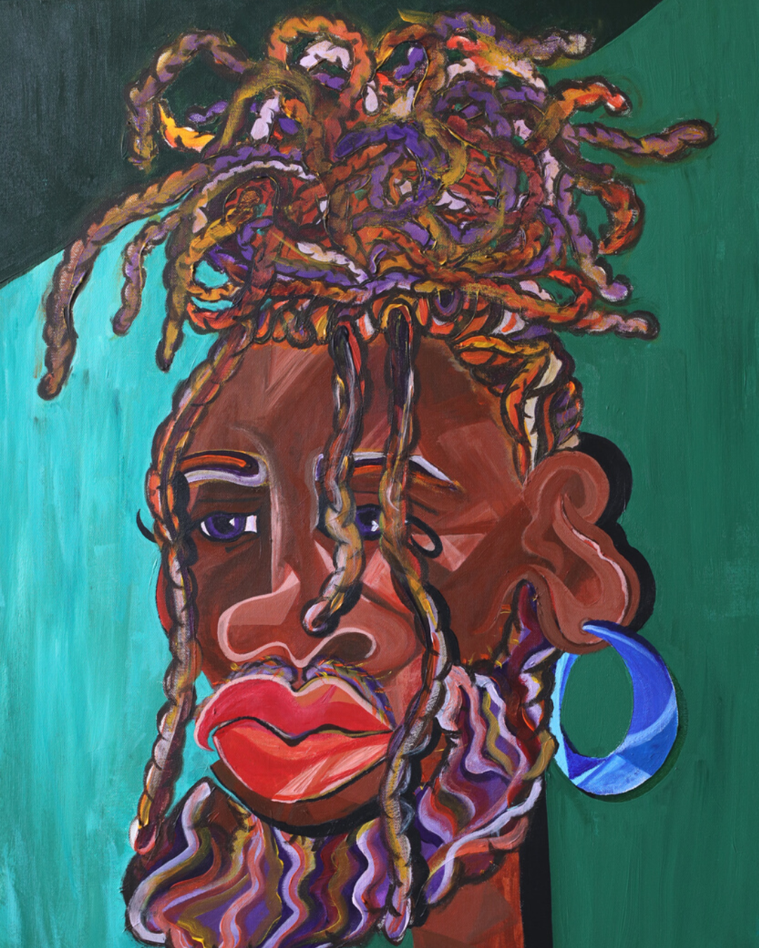 Colorful painting of a person with dreadlocks and a large hoop earring, set against a green background.