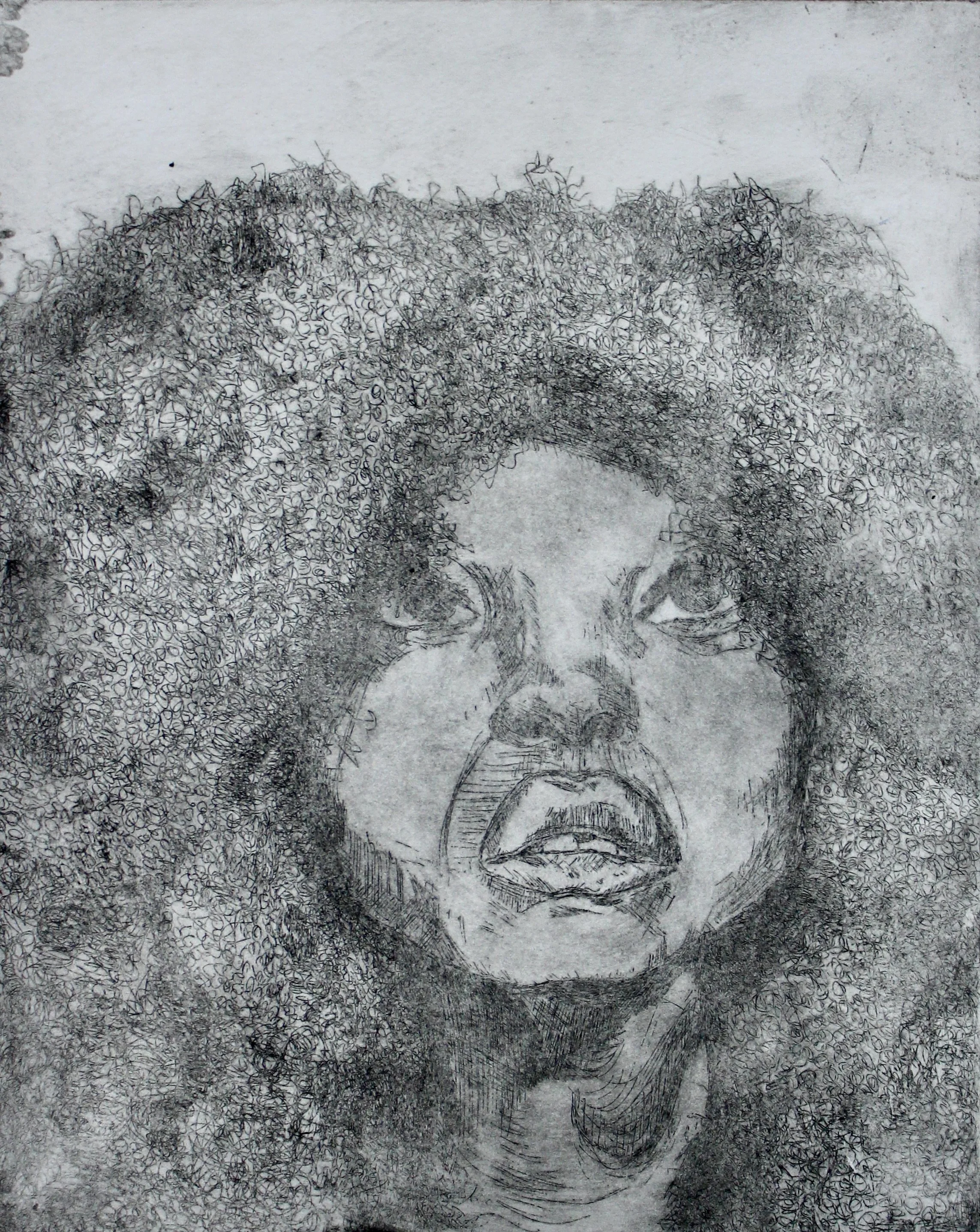 Black and white sketch of a woman's face with voluminous curly hair, her mouth slightly open and eyes looking slightly upward.