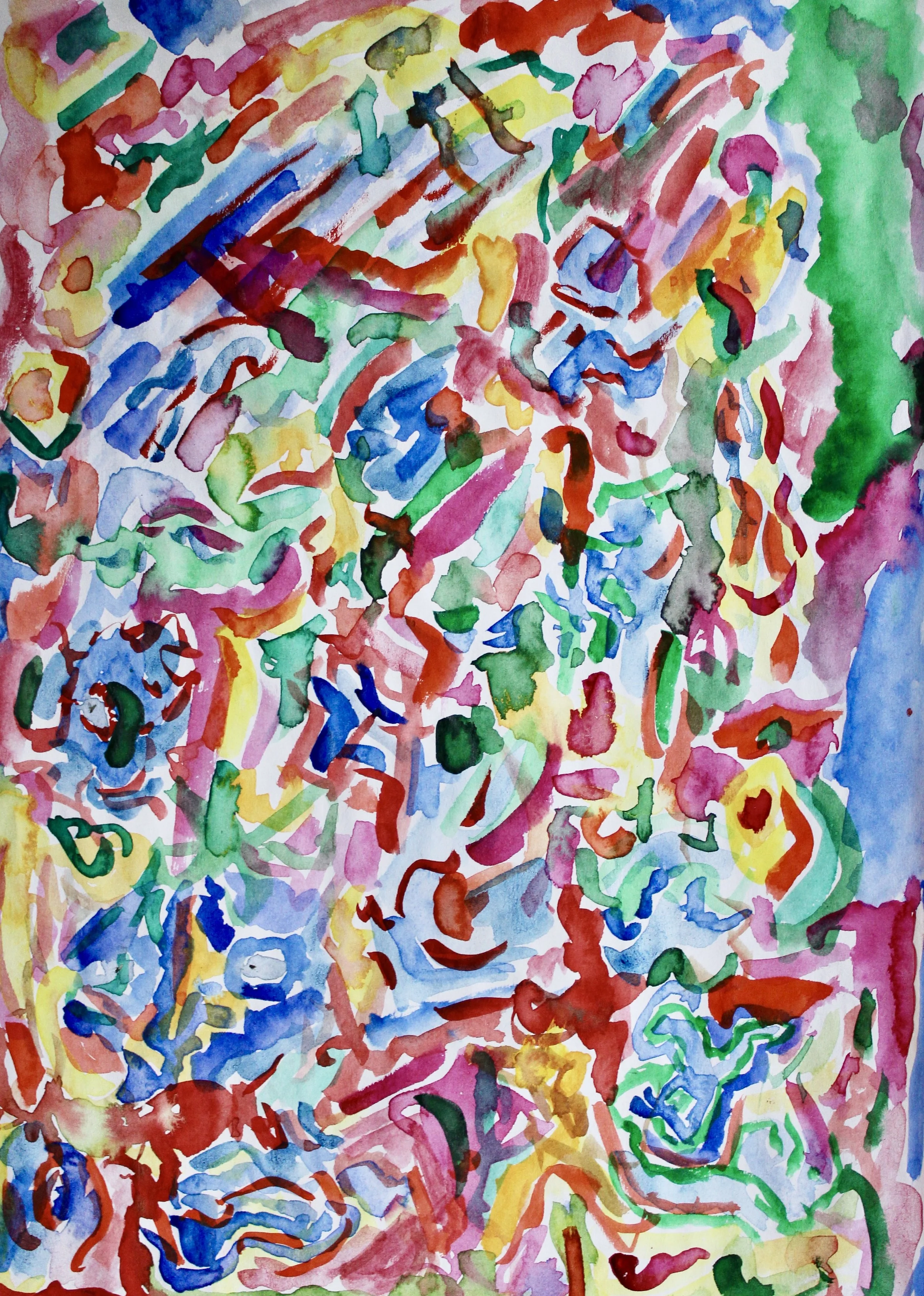Abstract watercolor painting with vibrant, swirling strokes of red, blue, green, yellow, purple, and orange.