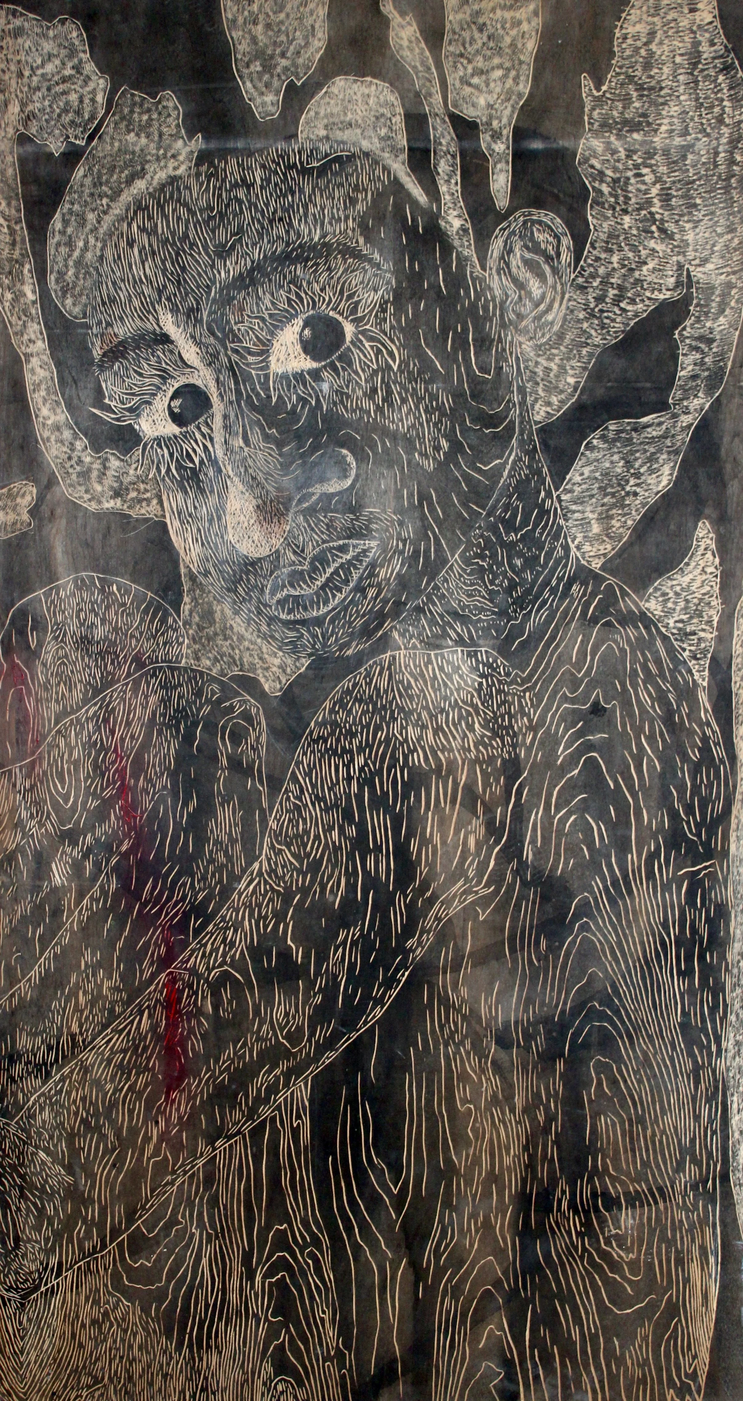 A detailed black and white line drawing of a woman with expressive eyes and full lips, surrounded by large leaves.