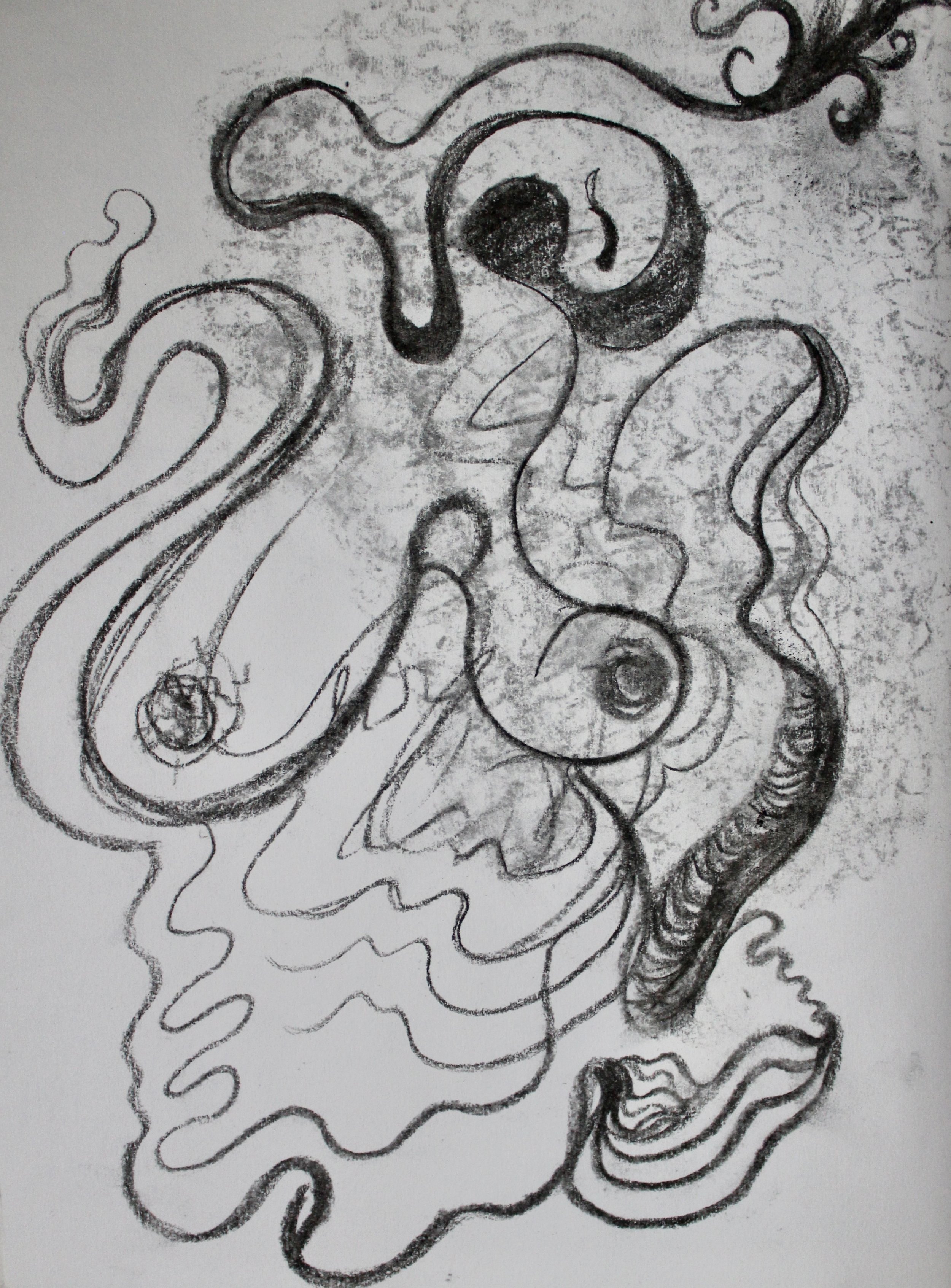 A black and white abstract drawing of swirling and curving lines with some shaded areas, resembling a freeform doodle or abstract art.