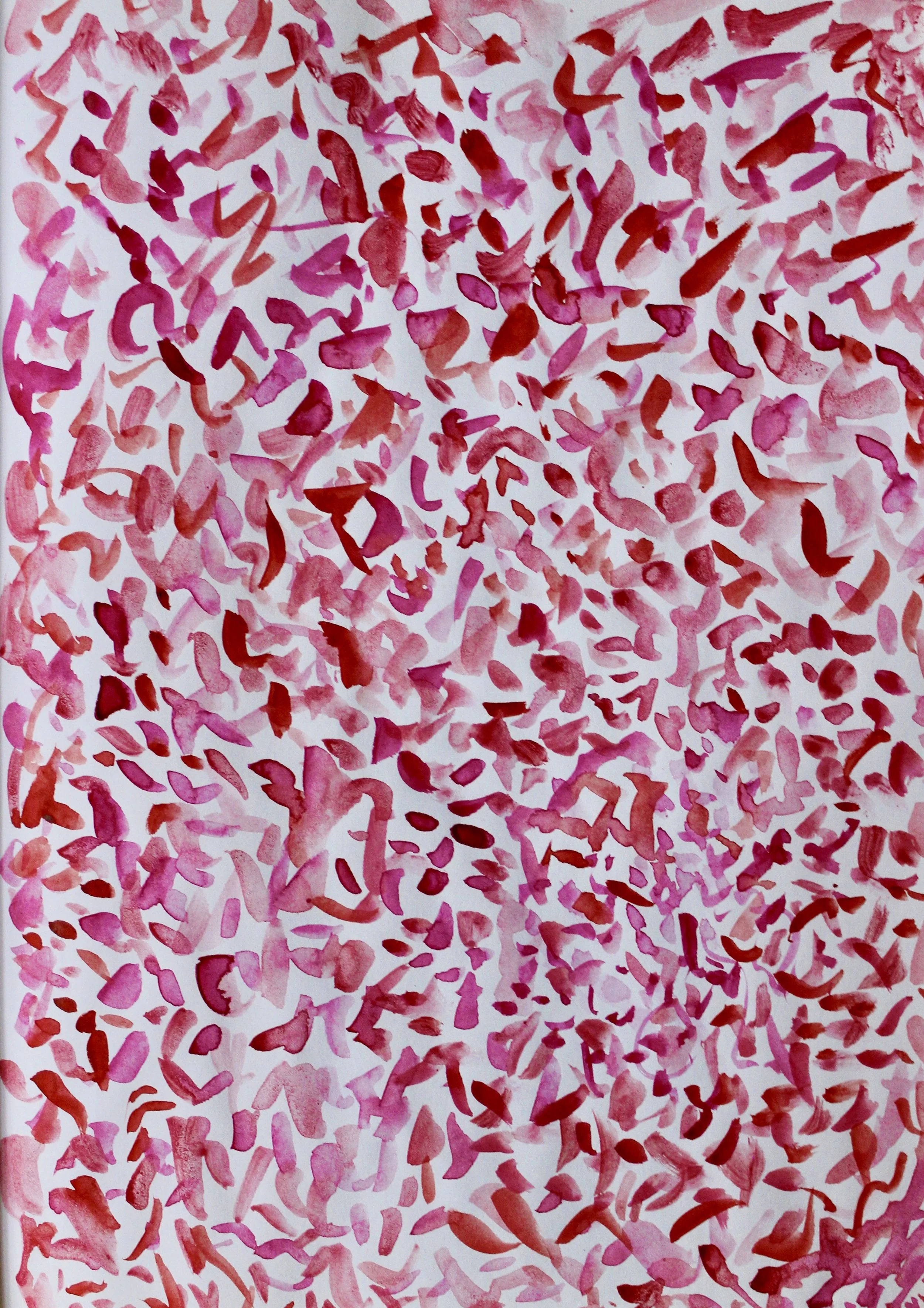 Abstract watercolor painting with various pink and red brushstrokes and shapes on a white background.