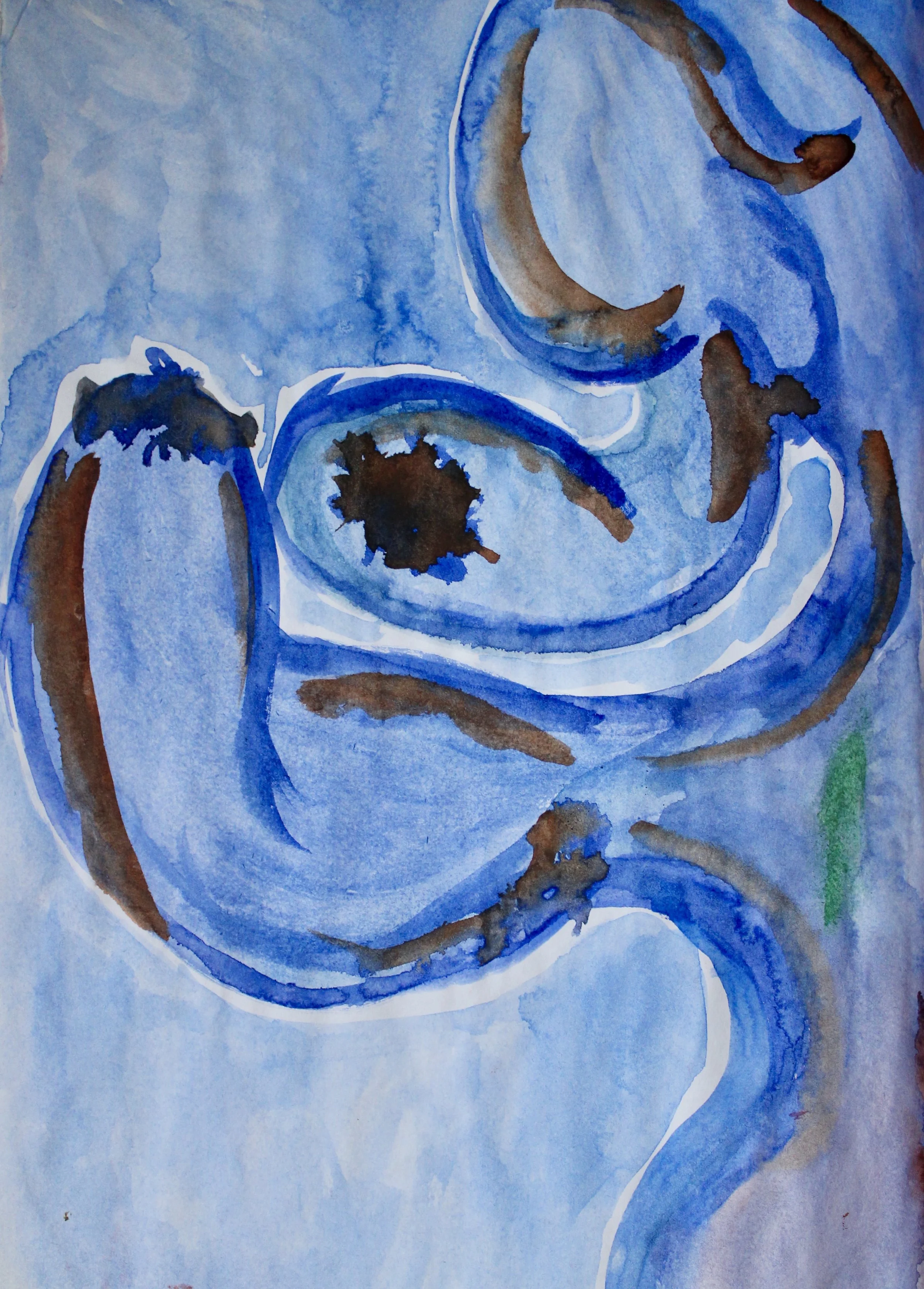 A watercolor painting of blue and brown abstract swirls and shapes.