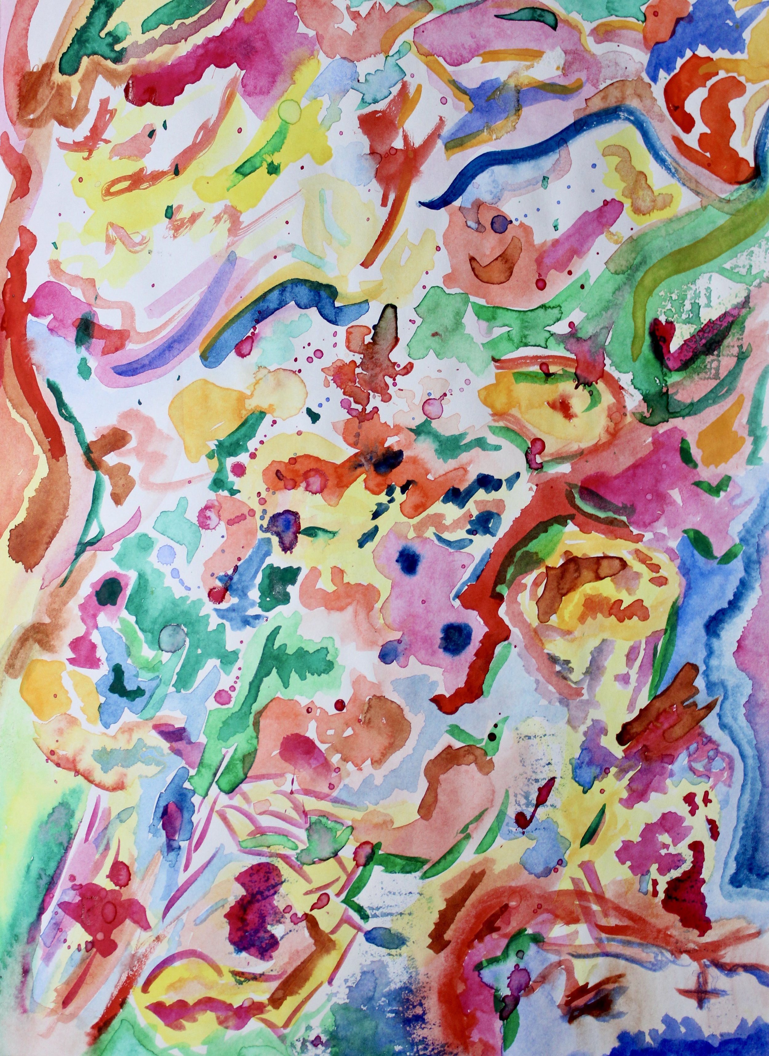 Abstract watercolor painting with vibrant splashes of red, pink, yellow, green, blue, and purple in a random, expressive pattern.