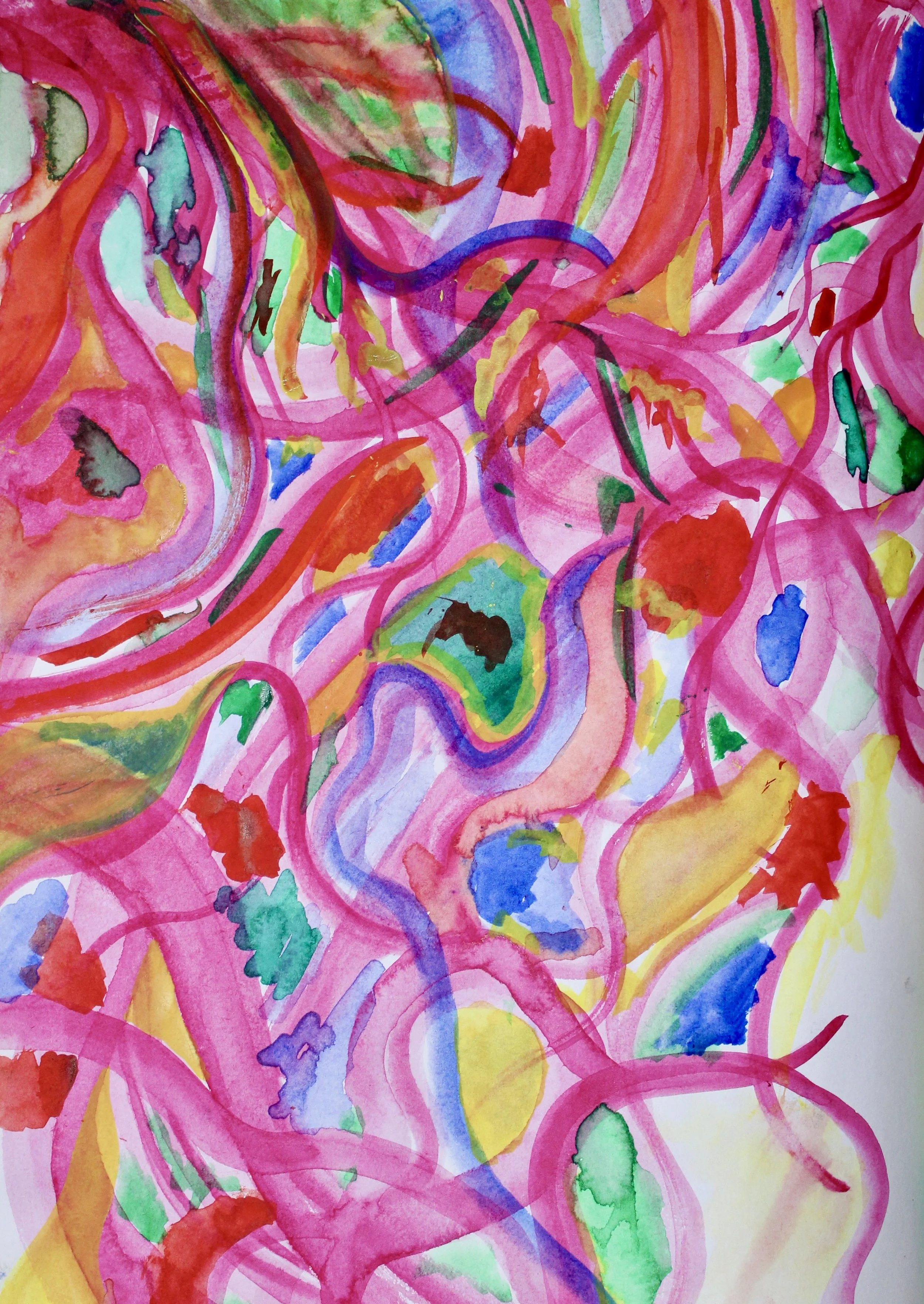 Abstract colorful watercolor painting with swirling pink lines, green, yellow, blue, and red patches, and loose brushstrokes.