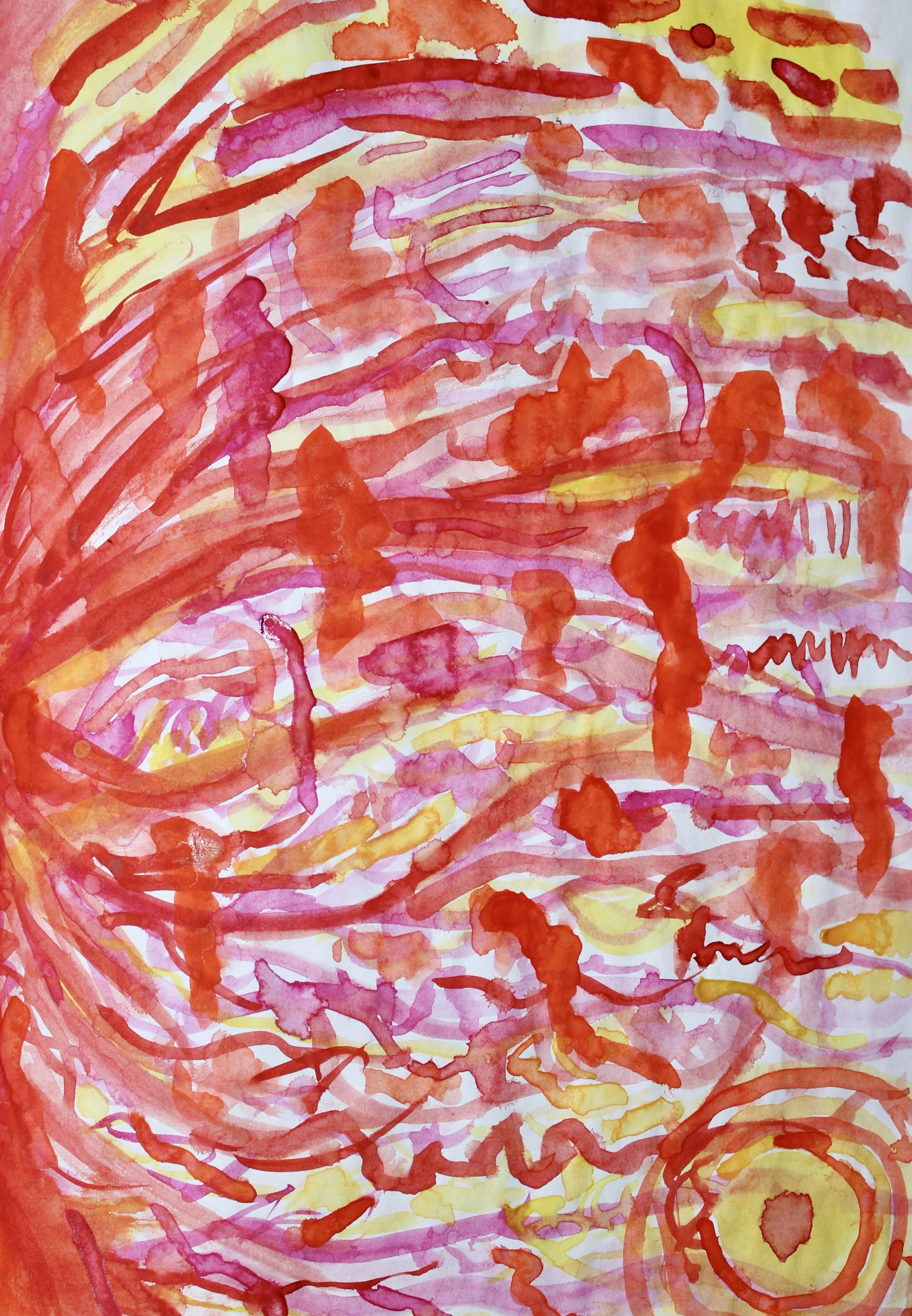 Abstract watercolor painting with swirling red, pink, and yellow lines and shapes.