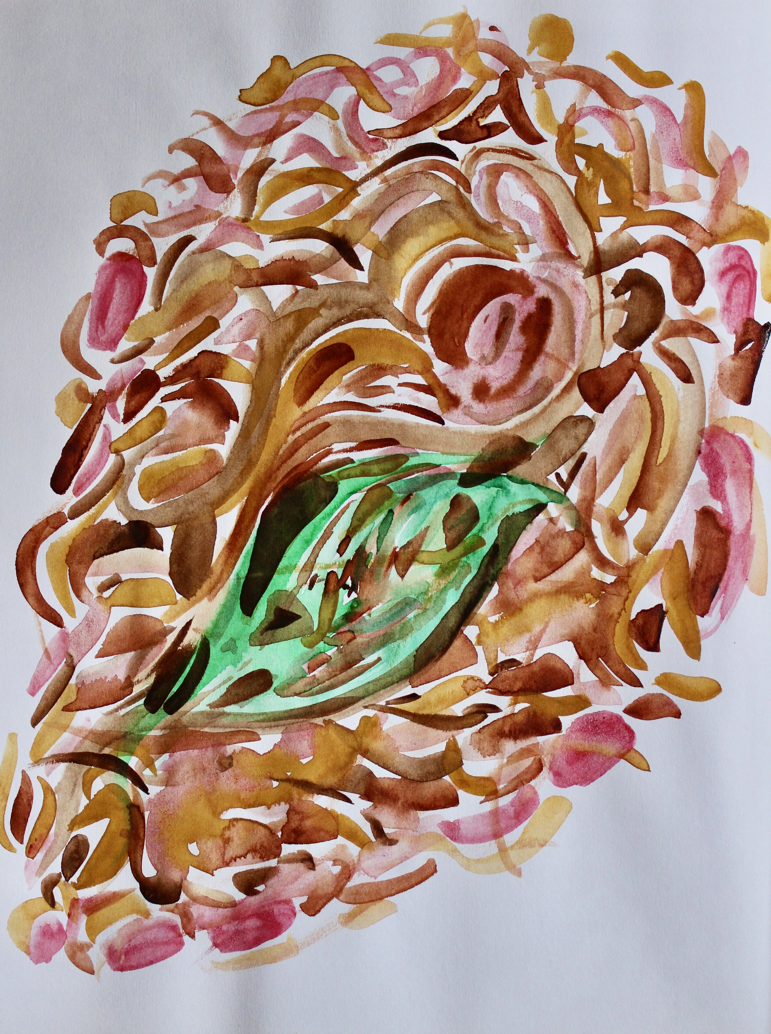 Watercolor painting of a bird, possibly a duck, with brown, pink, and green shades, surrounded by abstract strokes on white paper.
