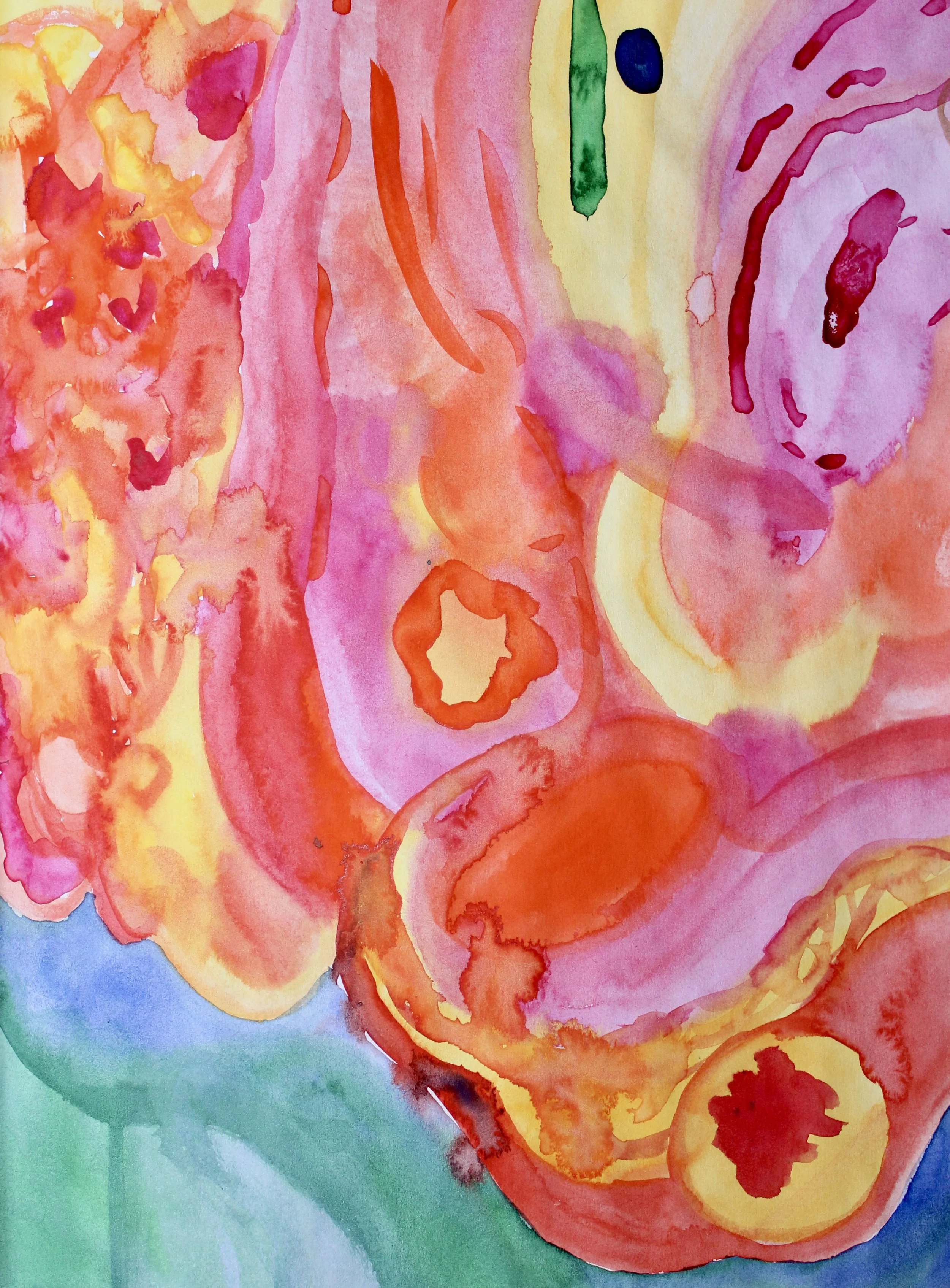 Abstract watercolor painting with swirling patterns in pink, red, orange, yellow, green, and blue.
