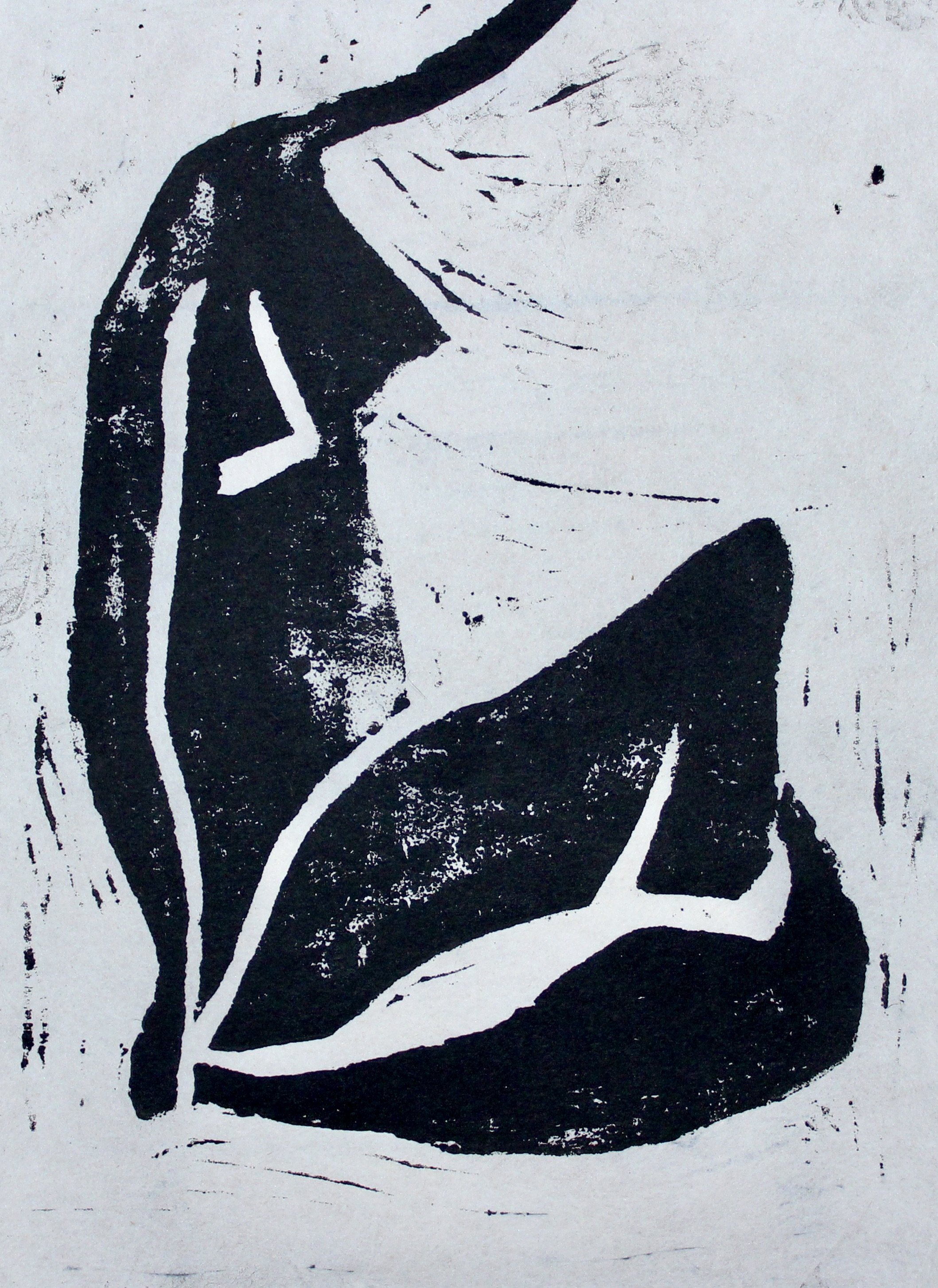 Black and white abstract print of a person's face and hand with sketchy lines and textured details.