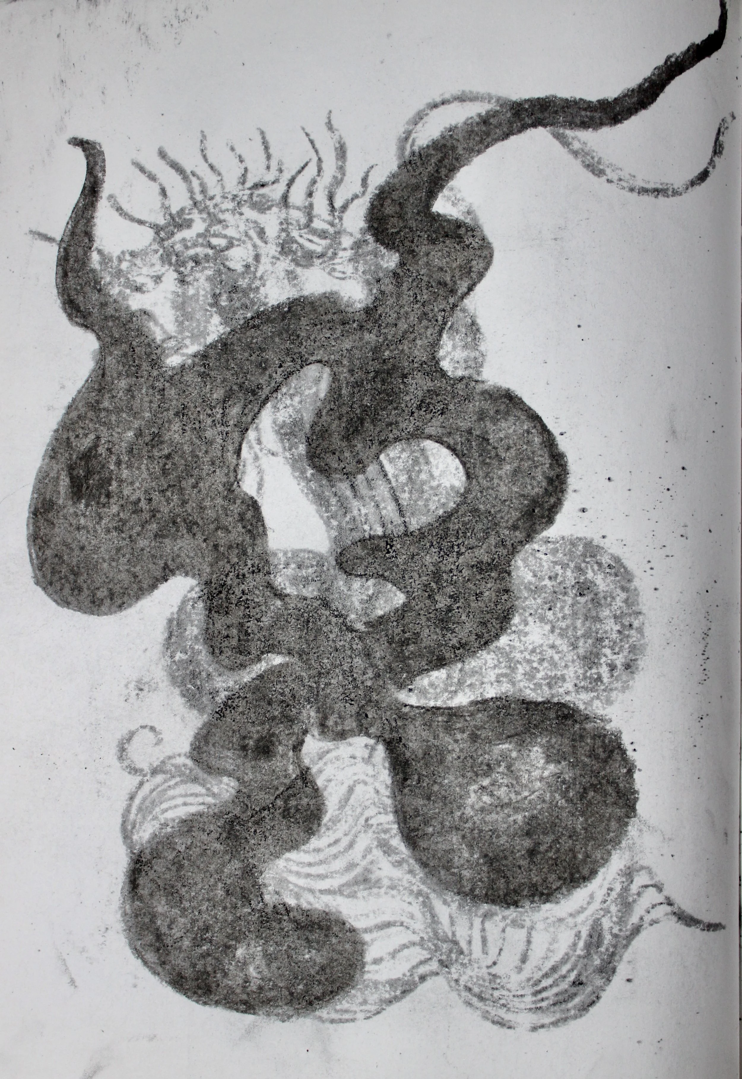 A black and white abstract drawing featuring swirling, intricate shapes and textures with organic, flowing lines.