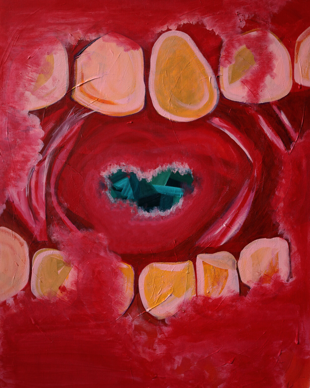 An abstract painting with a red background, large yellowish teeth or shapes in a circular pattern, and a dark, jagged central opening.