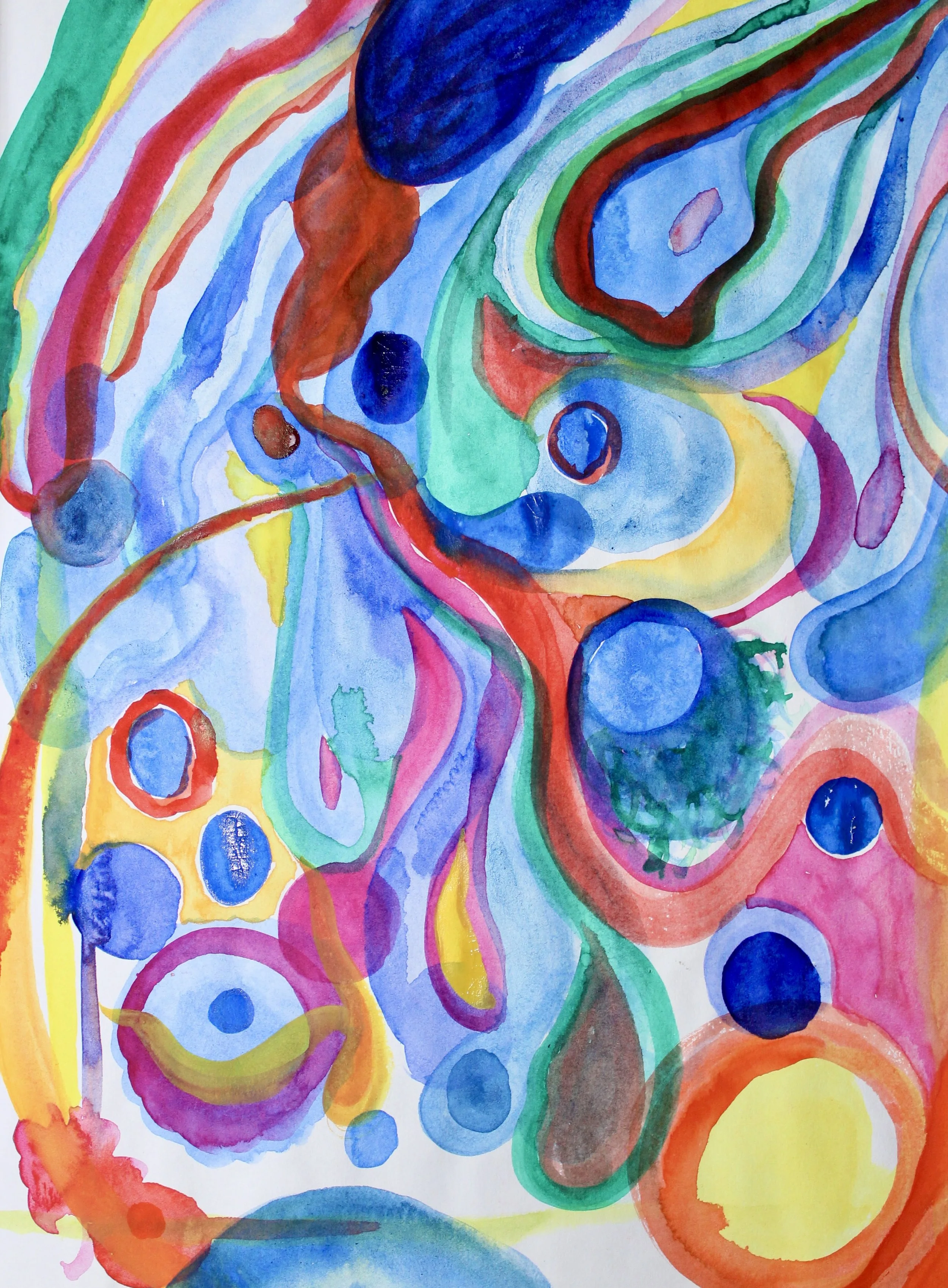 Abstract watercolor painting with swirling lines and circles in vibrant colors including blue, red, yellow, green, and pink.