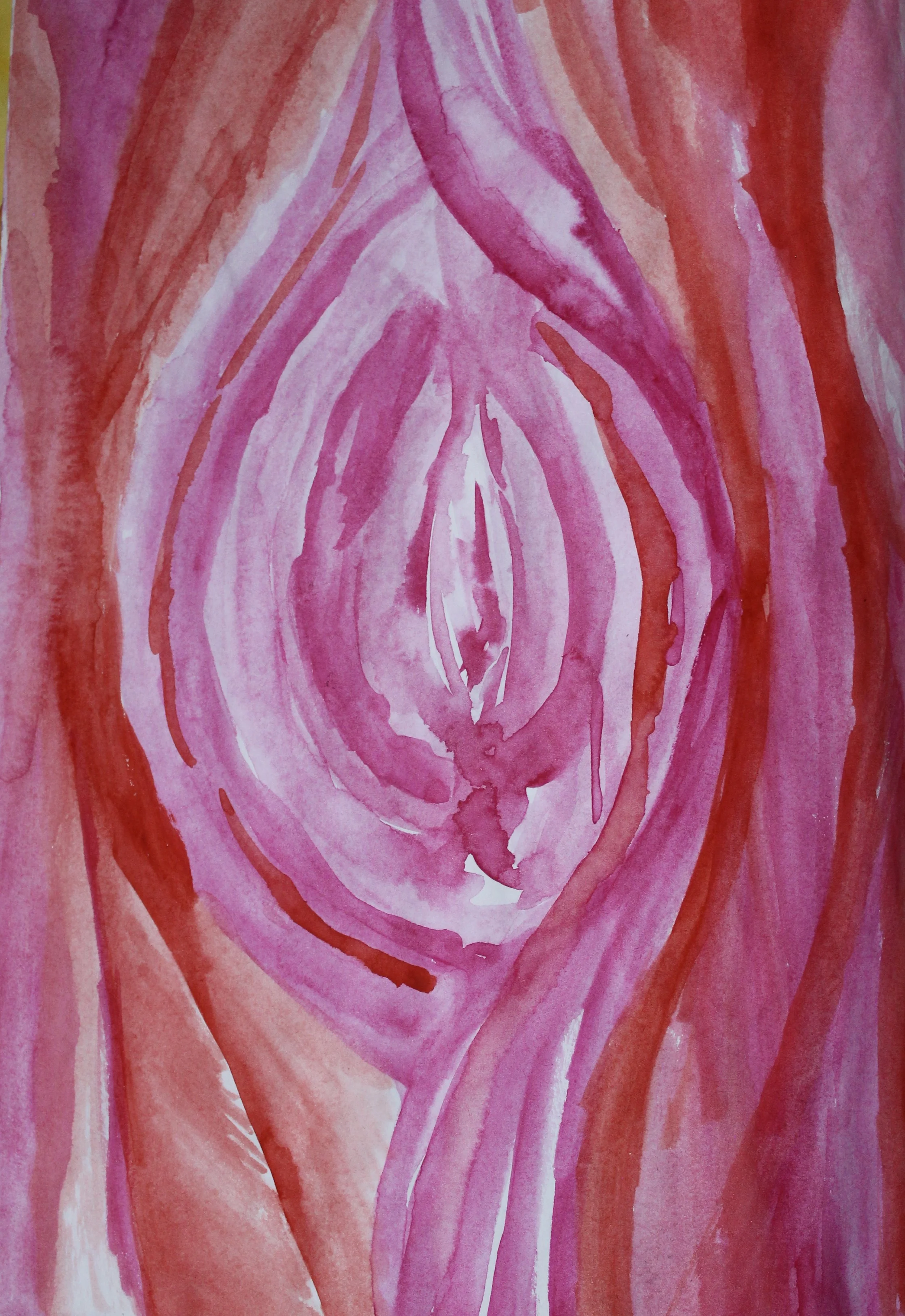 Watercolor painting of a pink and red abstract floral design.