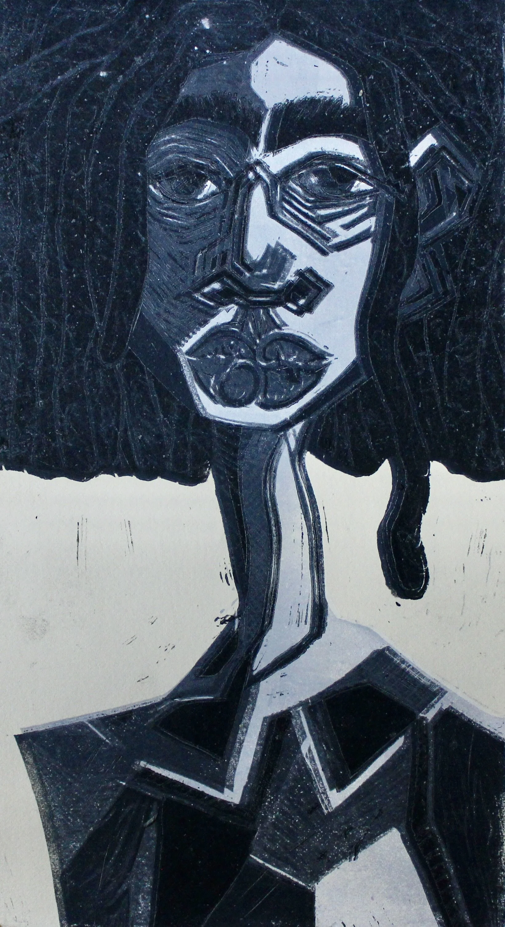 A black and white abstract portrait of a woman with stylized facial features, curly hair, and a patterned shirt.