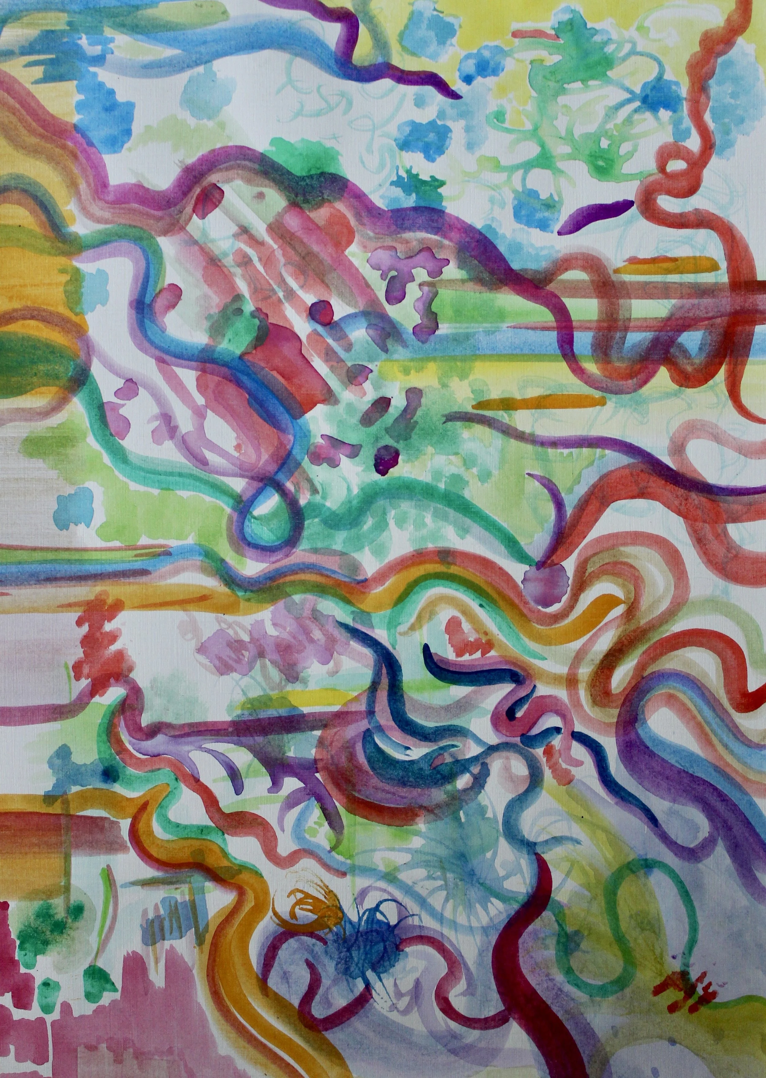 Abstract colorful watercolor painting with flowing lines and irregular shapes in vibrant hues of red, blue, green, purple, yellow, and orange.