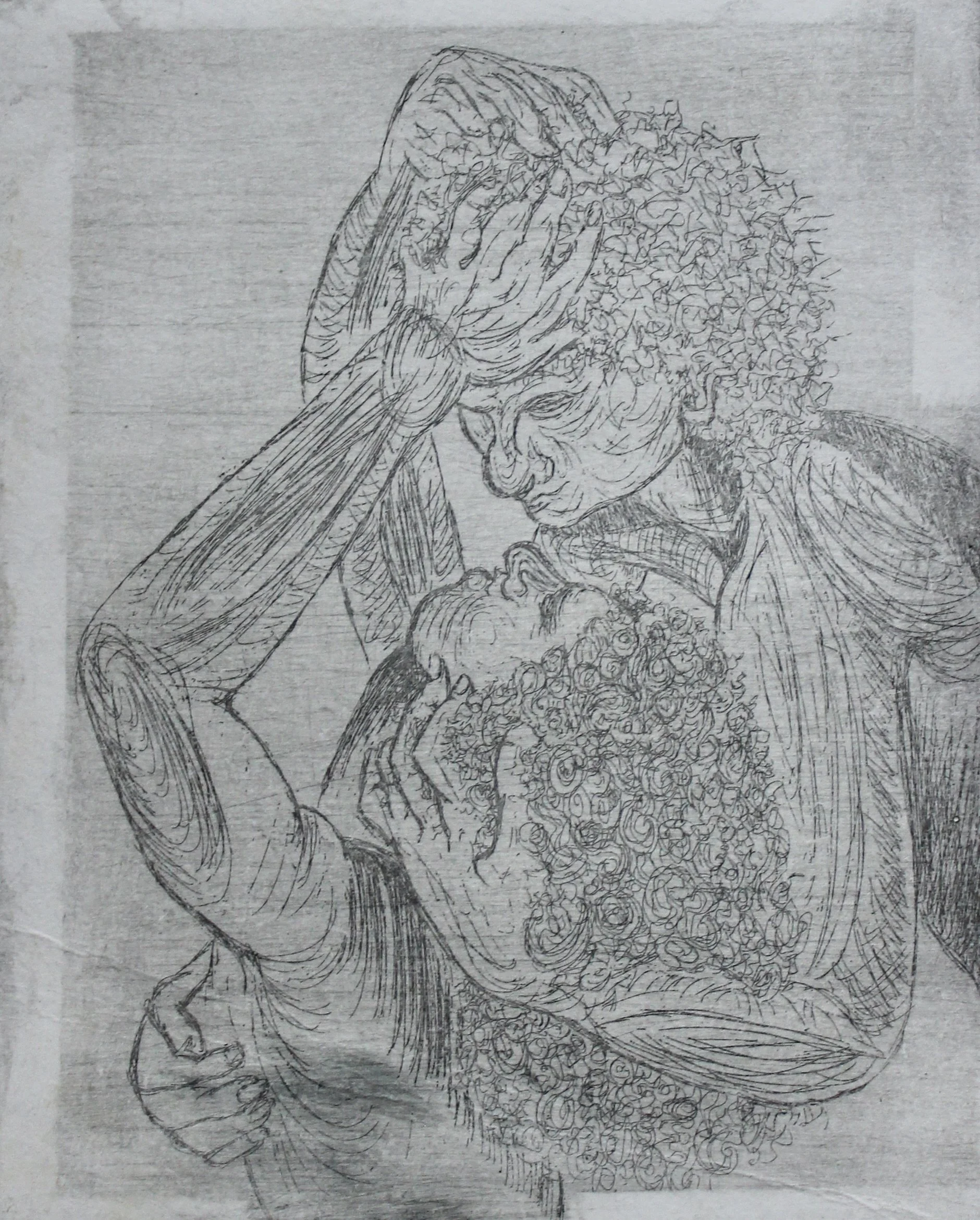 A line drawing of a person with curly hair holding and kissing a baby.