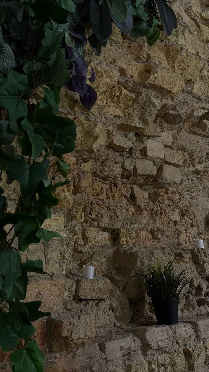 Akmeninė siena su vazoniniu augalu ir dviem mažomis baltomis žvakėmis ant atbrailų, bei viršuje kairėje kabančiais žaliais augalais.