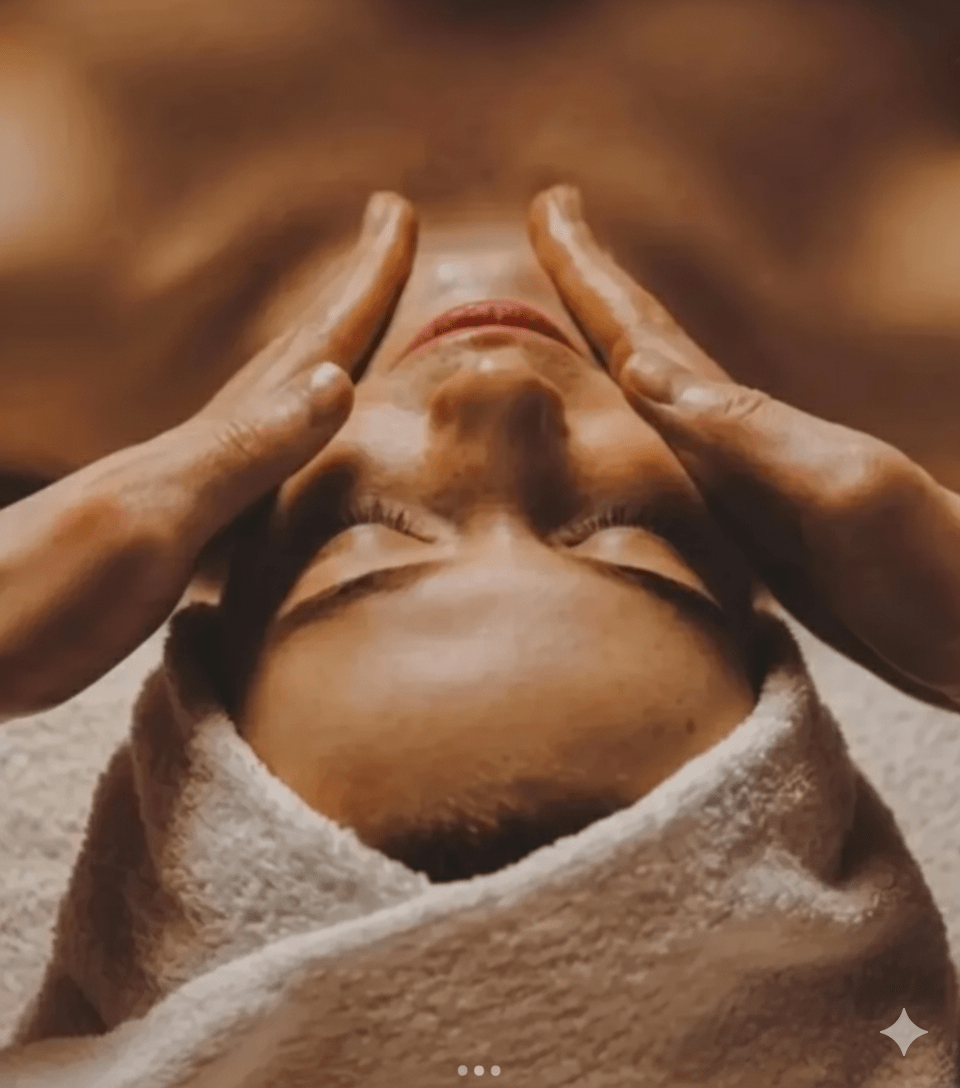 Atpalaiduojantis veido masažas. Klientė guli su rankšluosčiu, mėgaujasi veido odos procedūra.