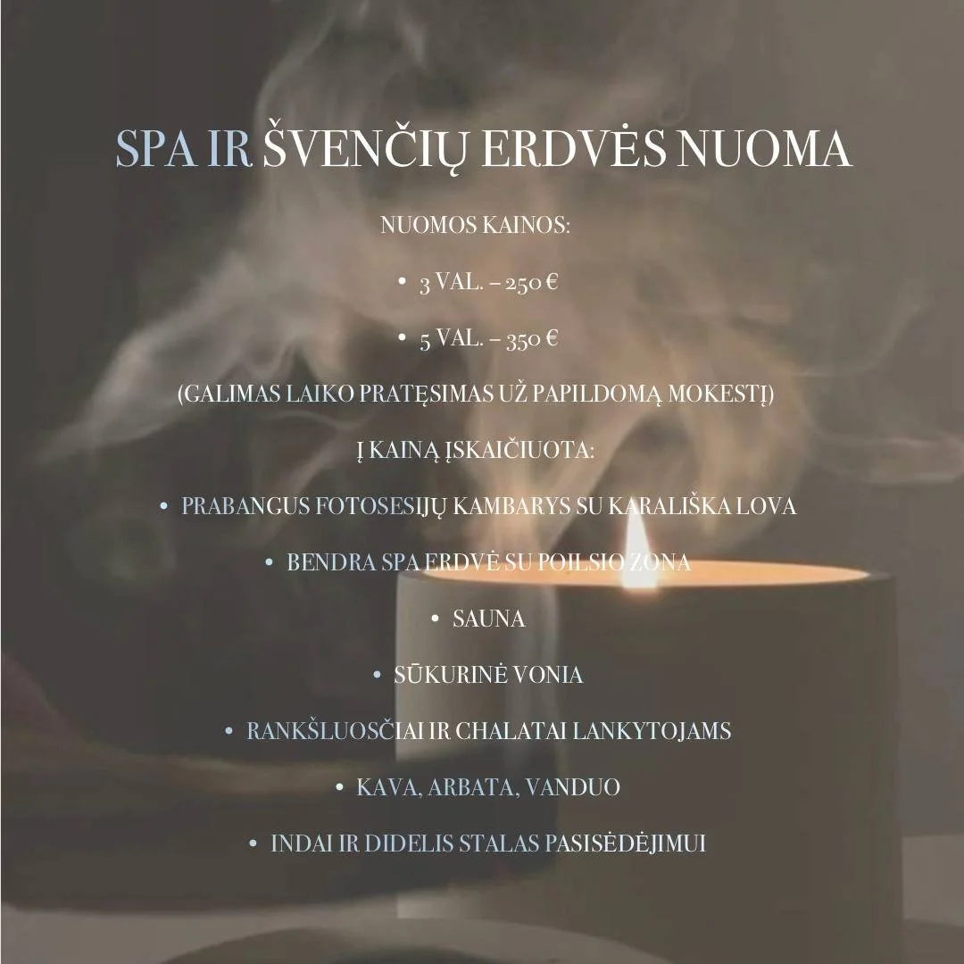 Privačios SPA erdvės nuomos kainos ir įskaičiuotos paslaugos (pirtis, sūkurinė vonia, užkandžiai).