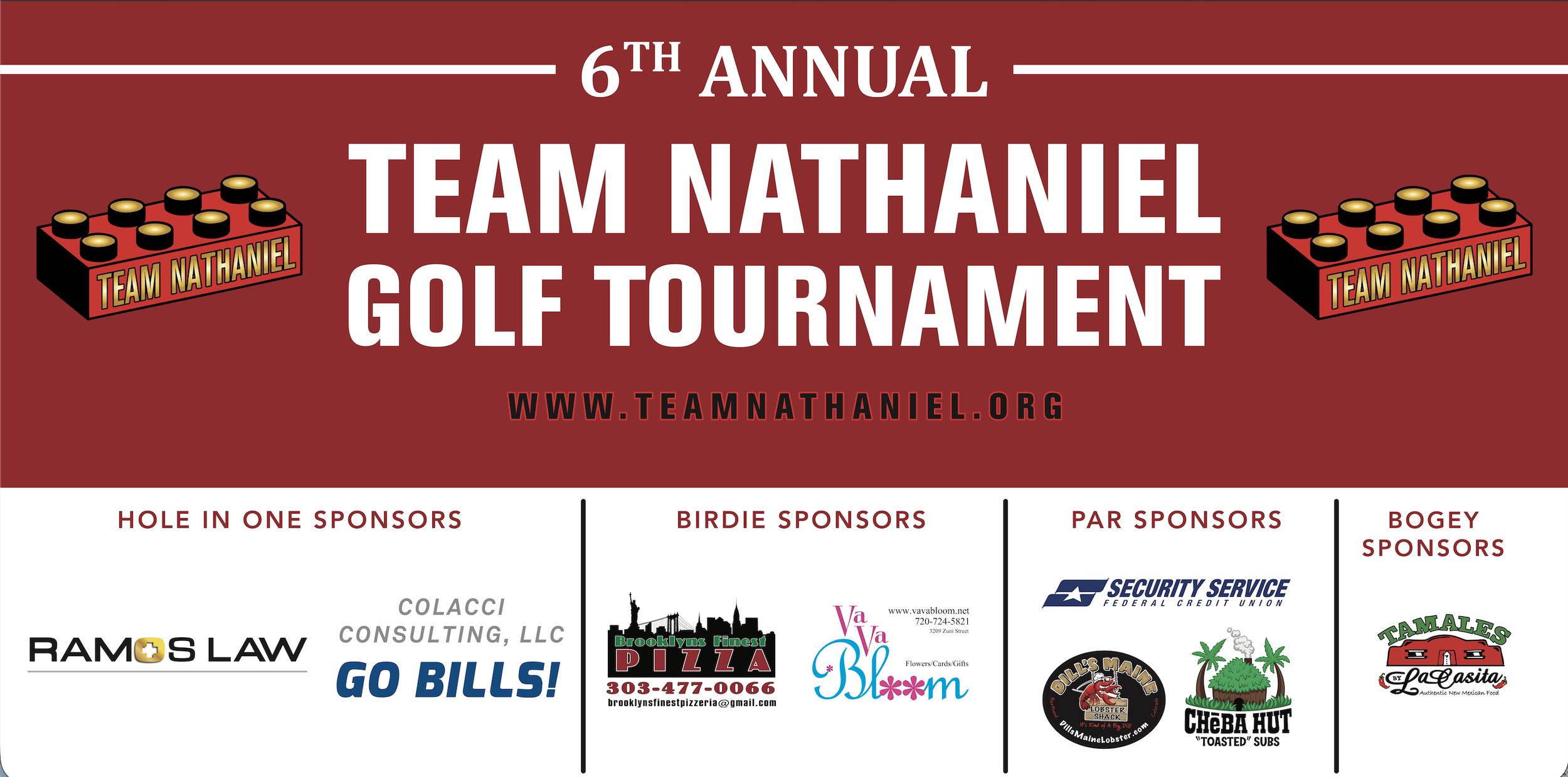 Poster for the 6th Annual Team Nathaniel Golf Tournament featuring a red background with Lego-style blocks and the text 'Team Nathaniel' and a website, with sponsor logos at the bottom including a law firm, pizza place, florist, security service, and