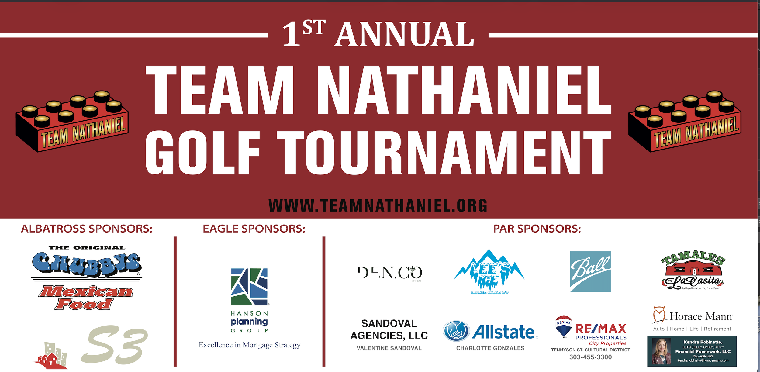 A promotional banner for the 1st Annual Team Nathaniel Golf Tournament featuring sponsor logos, website, and event details.
