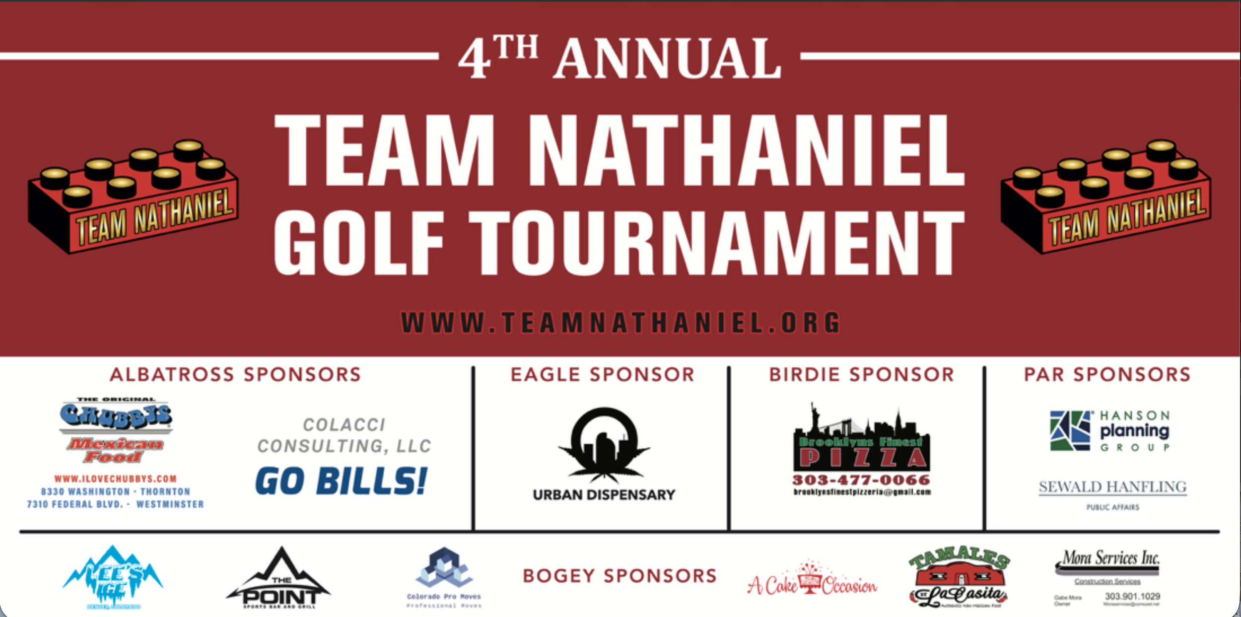 A promotional banner for the 4th Annual Team Nathaniel Golf Tournament with logos of sponsors, including Chick-fil-A, Go Bills, Urban Dispensary, Brooklyn’s Finest Pizza, Hanson Planning Group, and others.