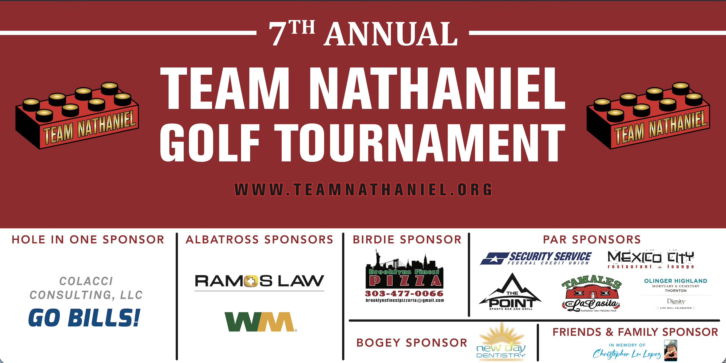 Digital flyer for the 7th Annual Team Nathaniel Golf Tournament with sponsors listed, including hole-in-one sponsor Colacci Consulting, LLC, albatross sponsors Ramos Law and WM, birdie sponsor Brooklyn's Finest Pizza, par sponsors Security Service, M