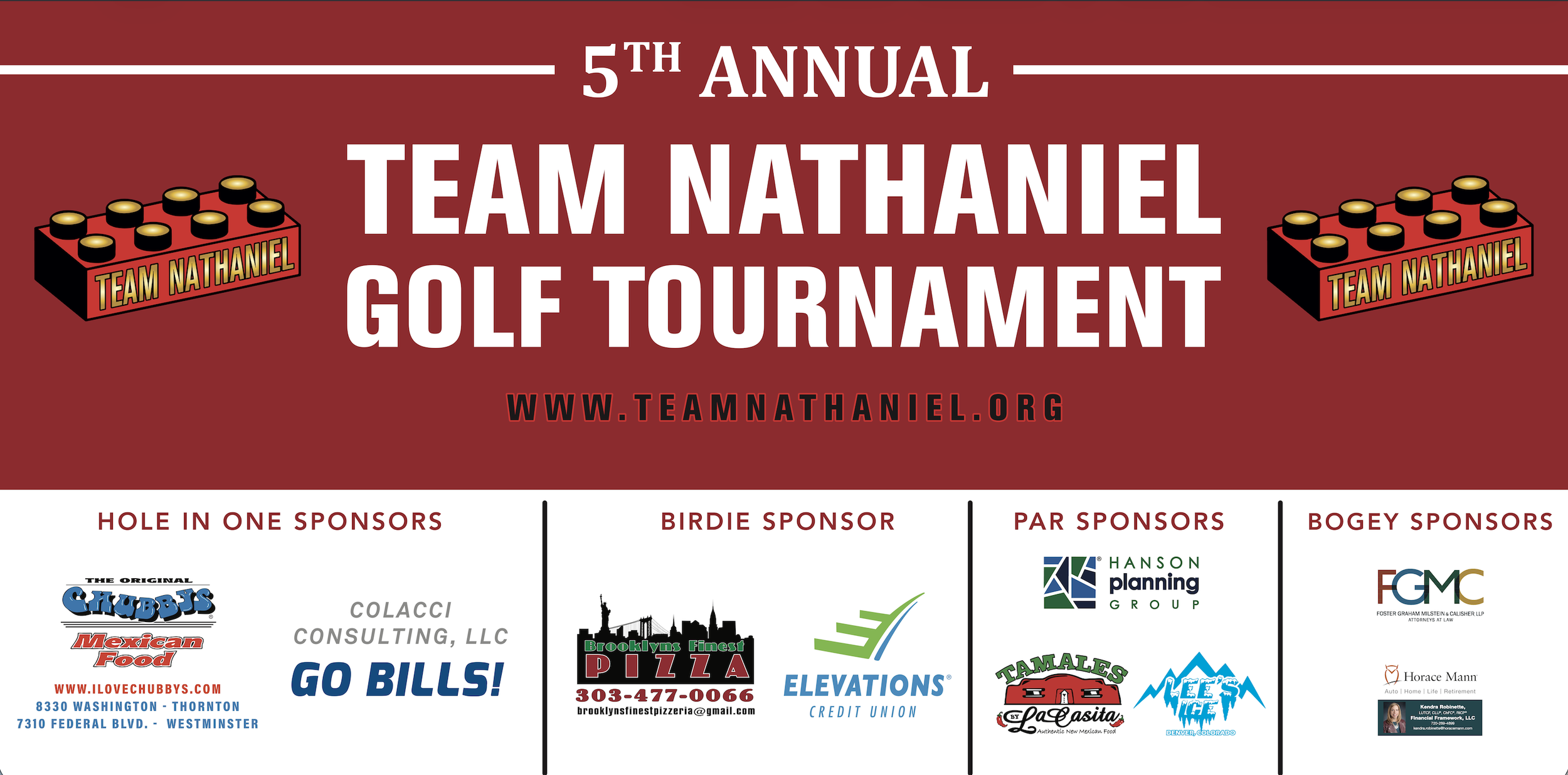 A promotional flyer for the 5th Annual Team Nathaniel Golf Tournament, with logos of sponsors including Chubby's Mexican Food, Colacci Consulting, Brooklyn's Finest Pizza, Elevations Credit Union, Hanson Planning Group, La Casita, and others, on a re